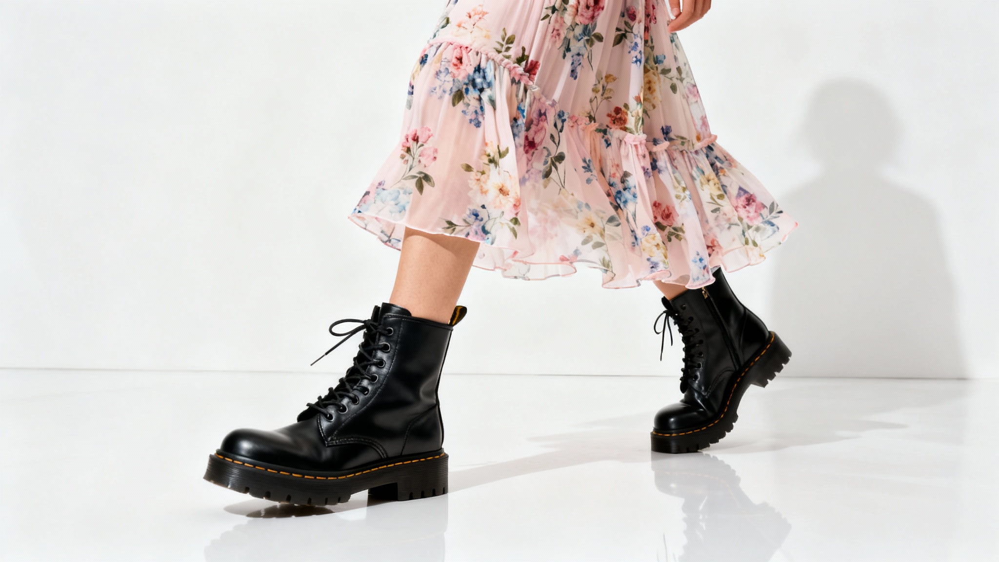 A fashion shot showing the lower half of a person styling black combat boots with a flowing floral skirt against a clean white background.