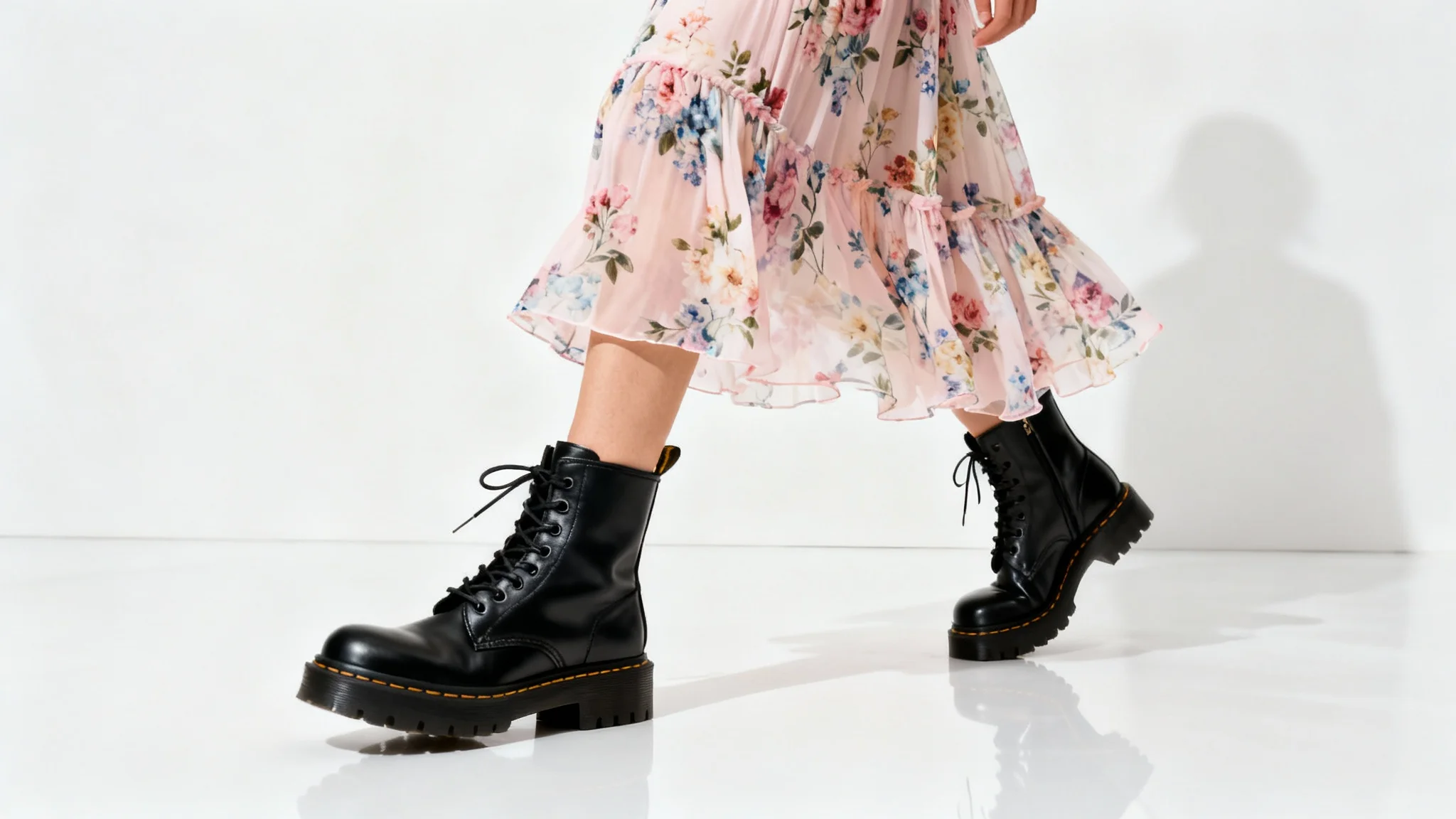 A fashion shot showing the lower half of a person styling black combat boots with a flowing floral skirt against a clean white background.