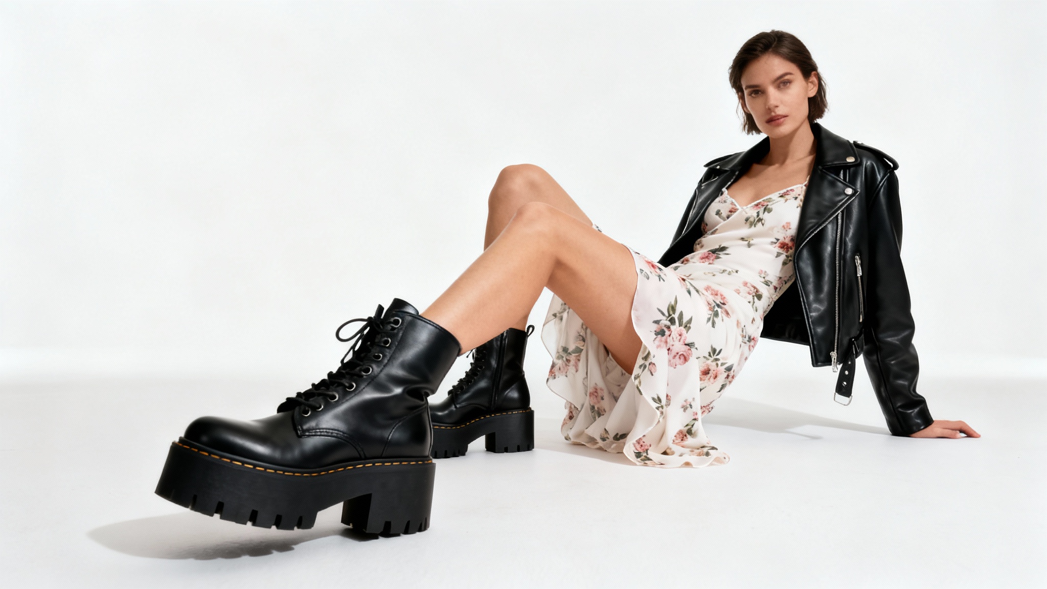 A full-length photo of a person in a fashion-forward outfit, styling black combat boots with a floral dress and a leather jacket against a plain white background.