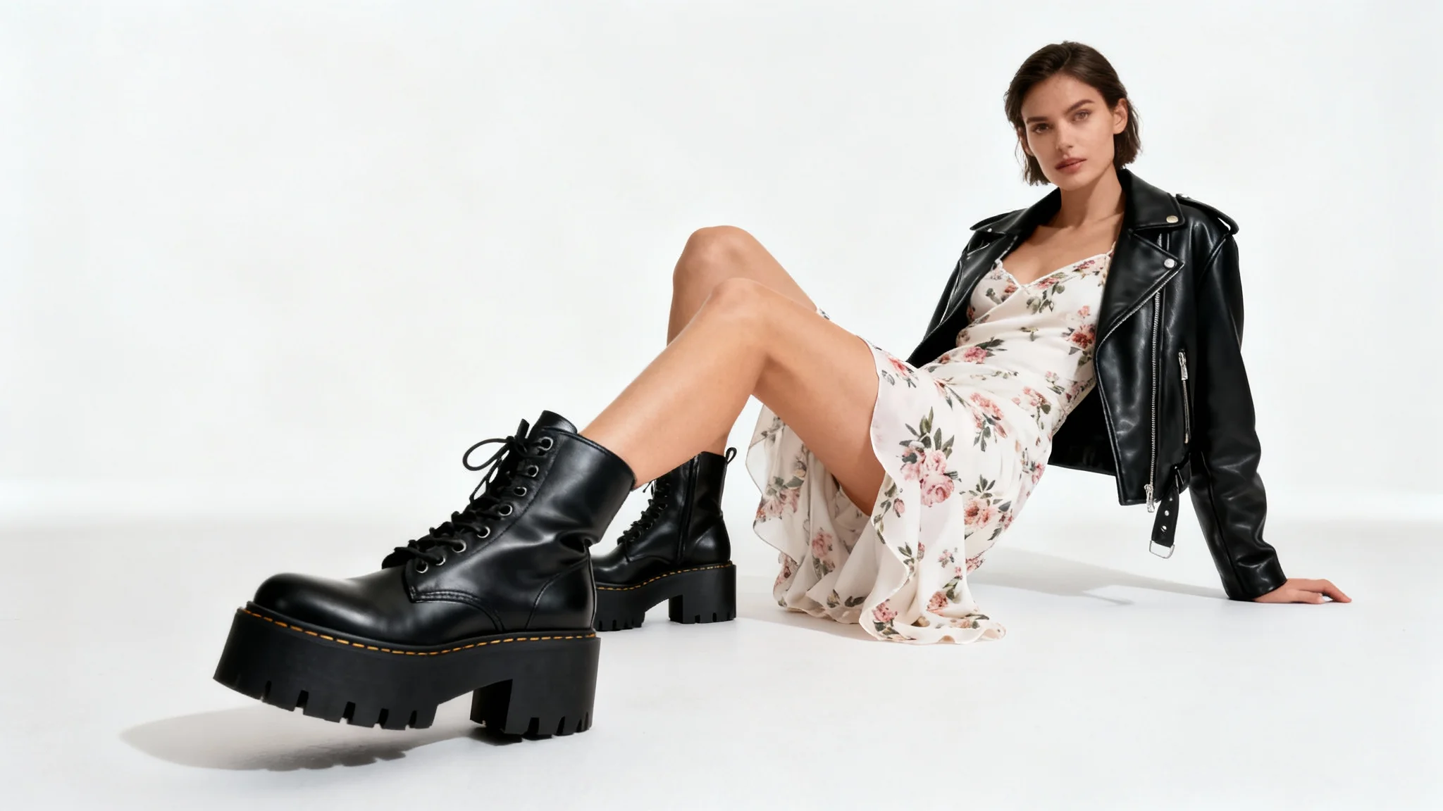 A full-length photo of a person in a fashion-forward outfit, styling black combat boots with a floral dress and a leather jacket against a plain white background.