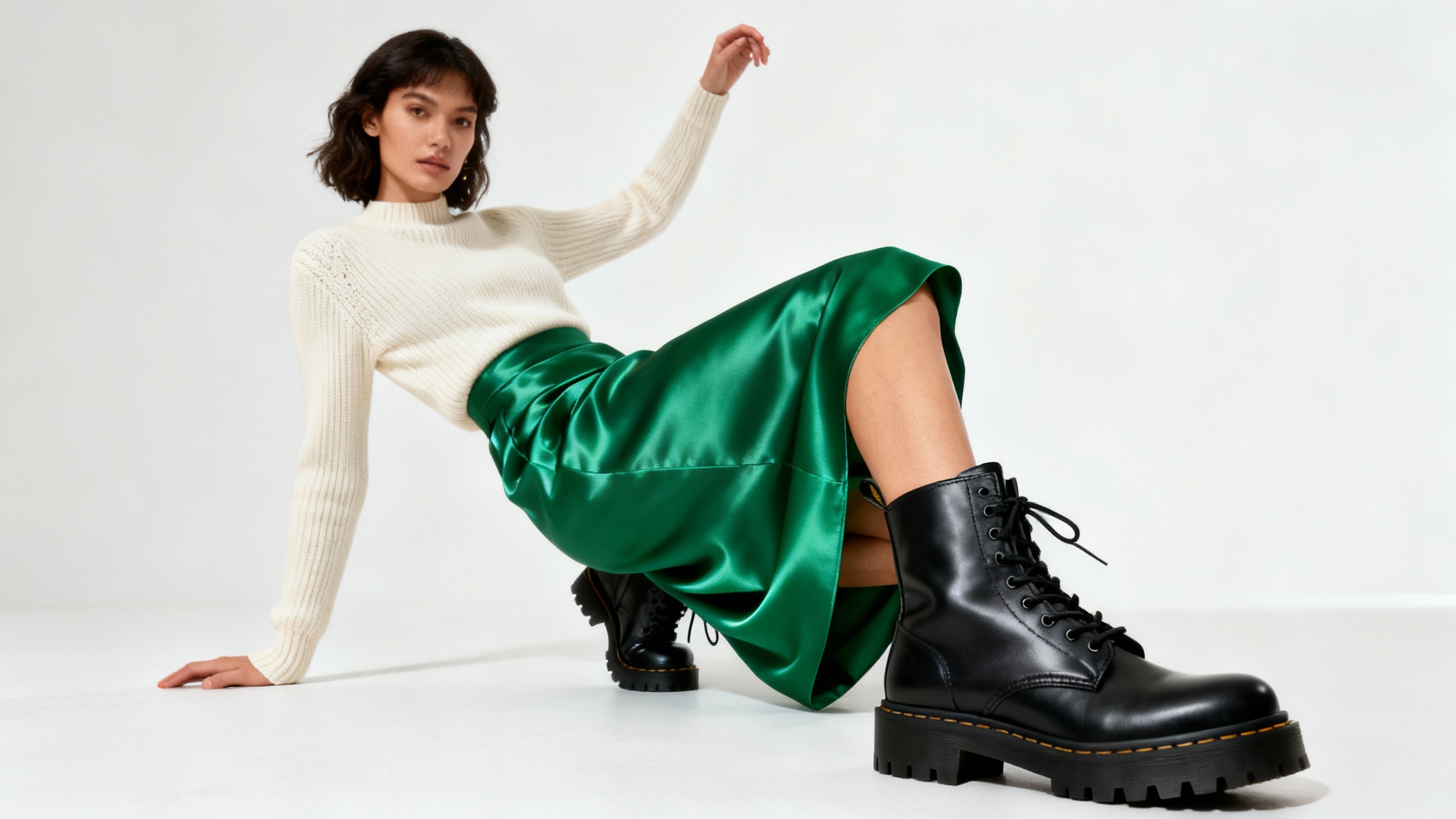 A full-length photo of a woman in a stylish outfit, pairing a cream sweater and a green satin skirt with black combat boots, set against a plain white background.