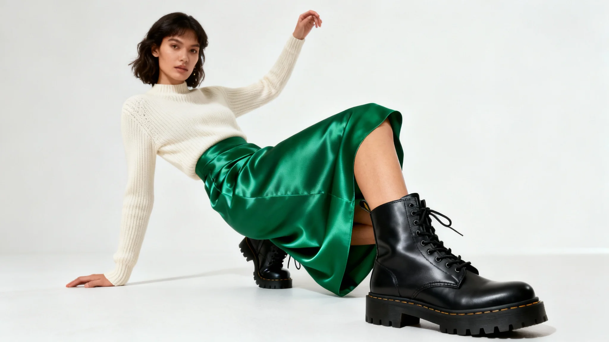 A full-length photo of a woman in a stylish outfit, pairing a cream sweater and a green satin skirt with black combat boots, set against a plain white background.