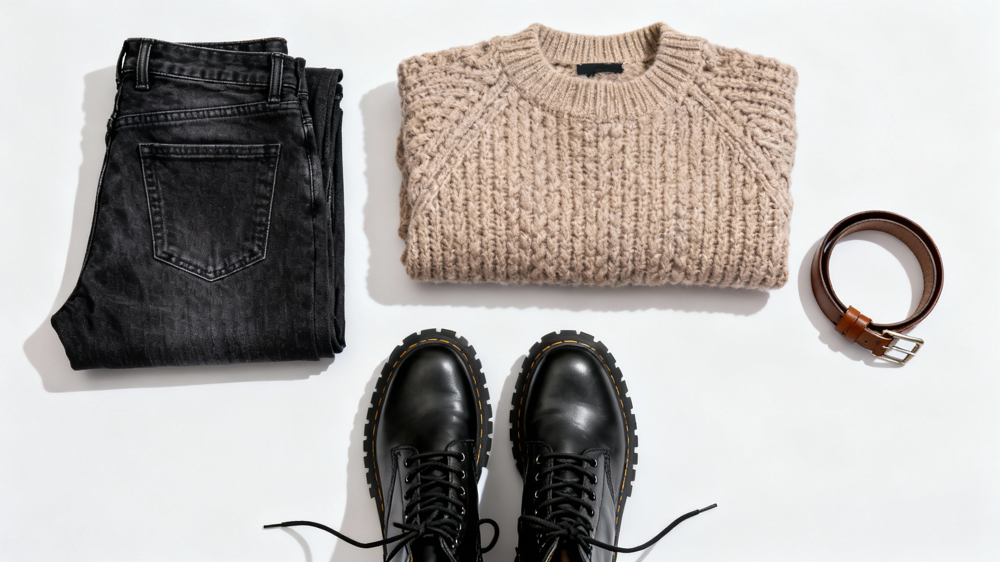 A fashion flat lay on a white background showing a stylish outfit: black combat boots, dark-wash jeans, a cozy oatmeal sweater, and a brown leather belt, all neatly arranged.