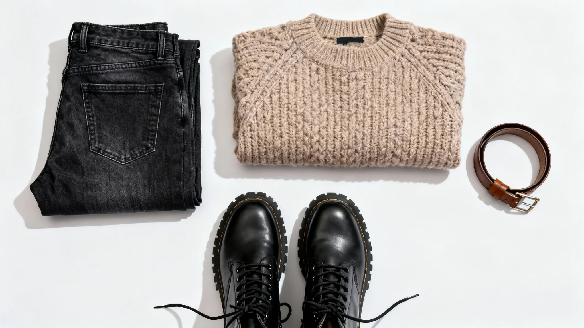 A fashion flat lay on a white background showing a stylish outfit: black combat boots, dark-wash jeans, a cozy oatmeal sweater, and a brown leather belt, all neatly arranged.