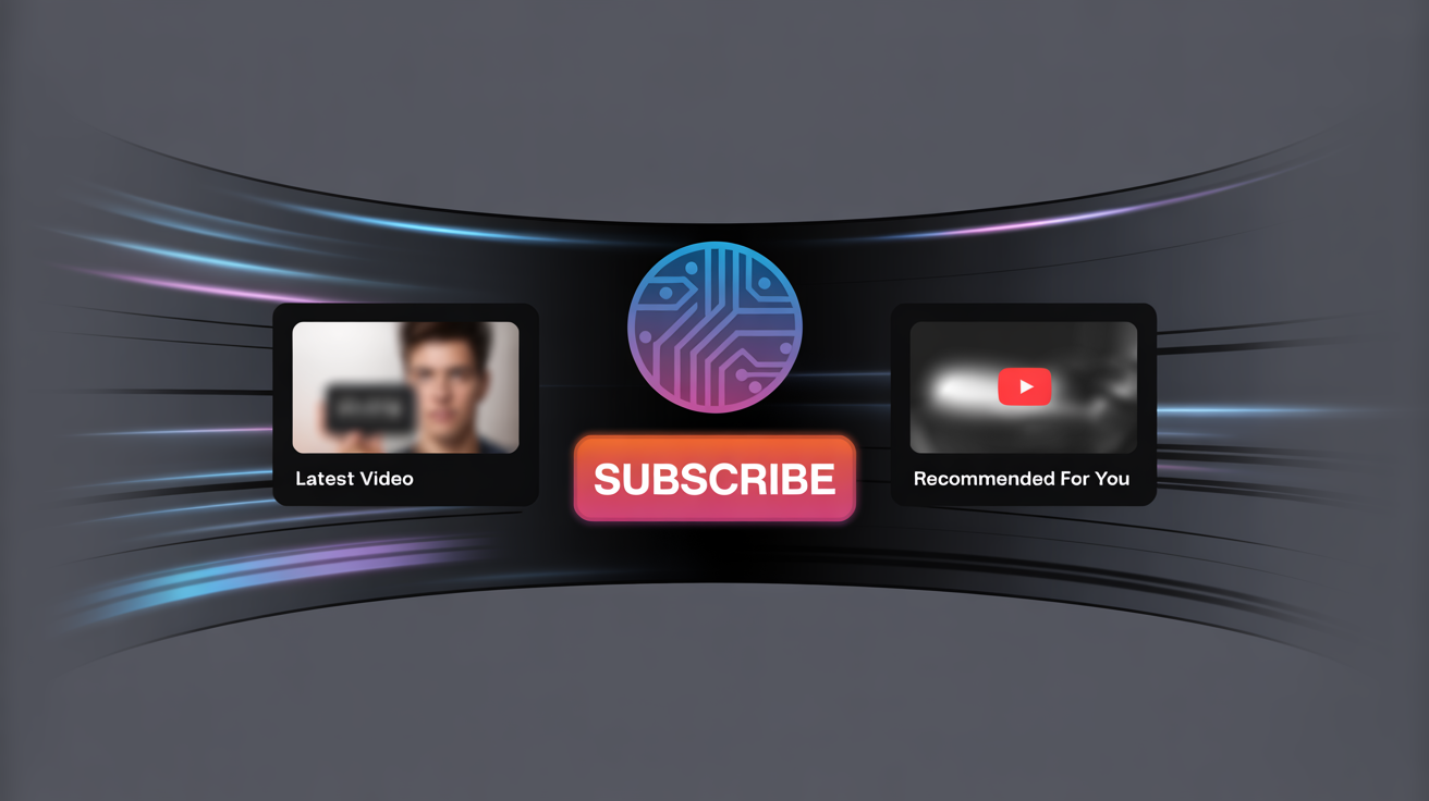 A professionally designed YouTube end screen template with a central logo, a subscribe button, and two video thumbnail placeholders against a dynamic, dark background.