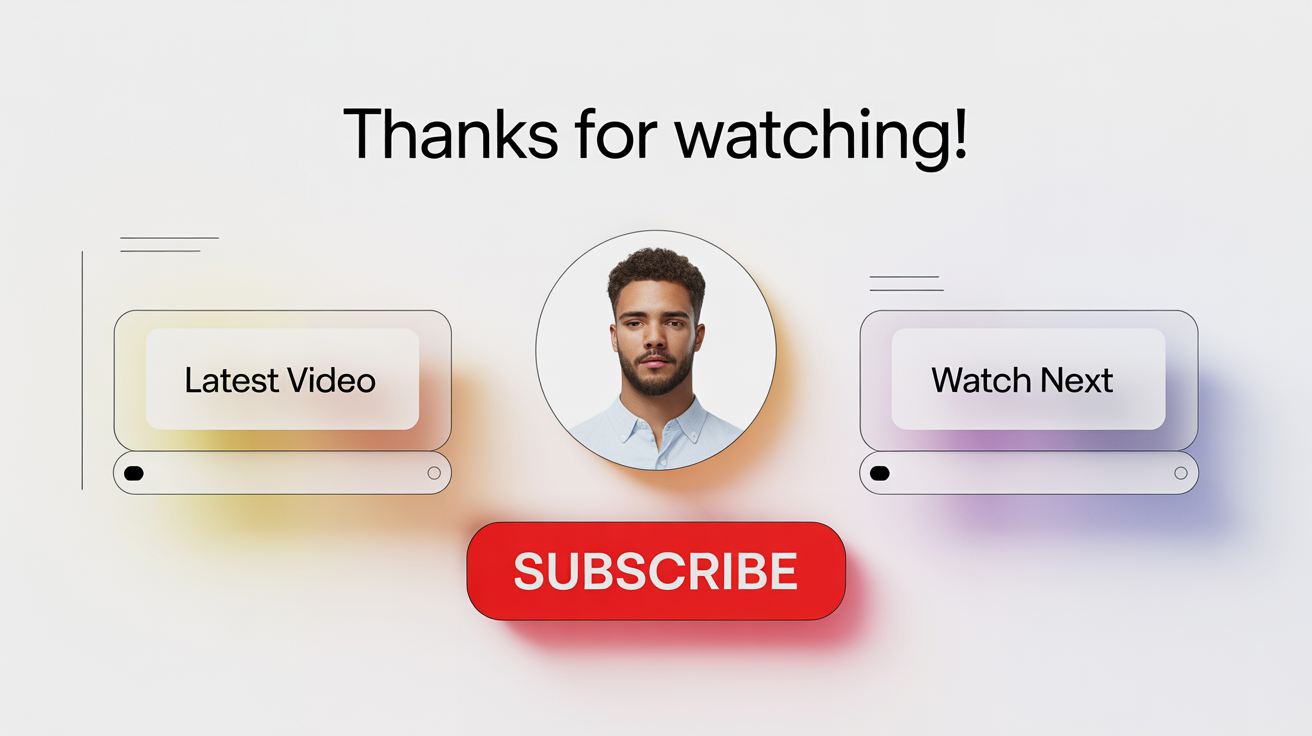 A modern YouTube end screen animation mockup on a white background. It features a 'Thanks for Watching!' message, placeholders for videos labeled 'Latest Video' and 'Watch Next', and a red 'SUBSCRIBE' button.