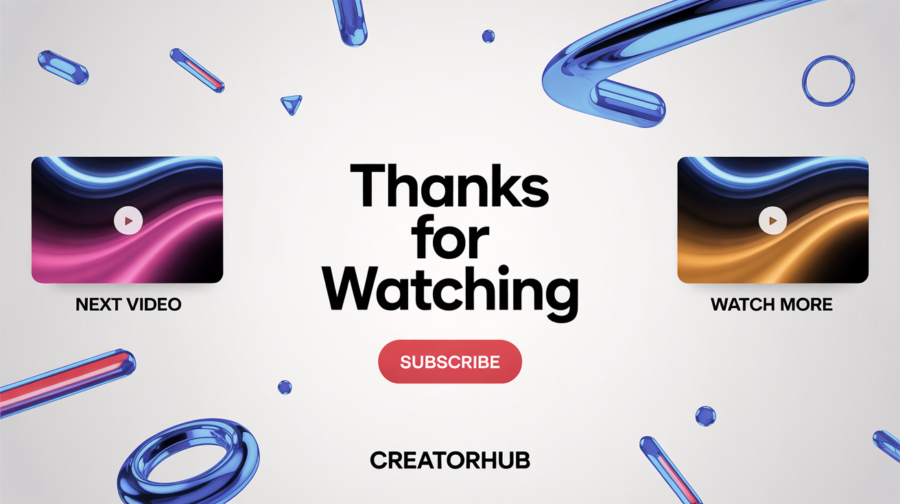 A modern graphic design of a video end screen animation on a white background. It includes text that says 'THANKS FOR WATCHING' and 'SUBSCRIBE', along with placeholders for other videos, all in a vibrant, celebratory style.