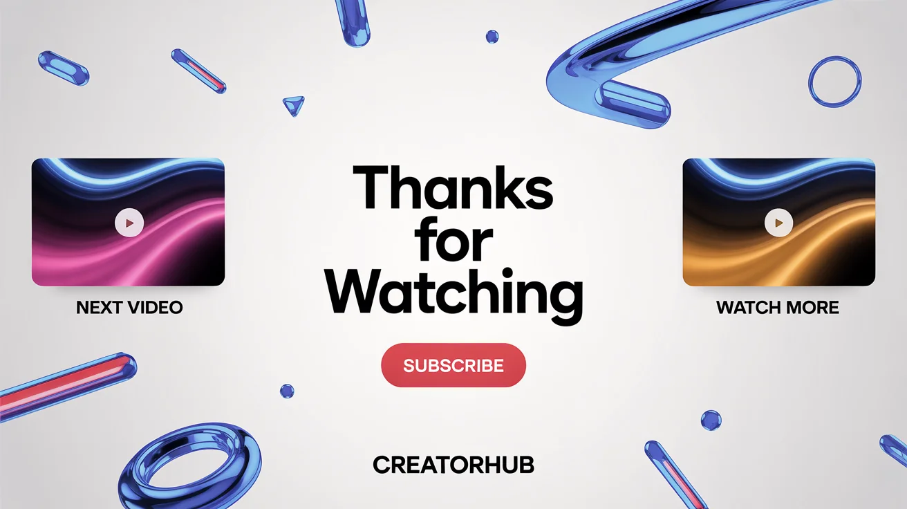 A modern graphic design of a video end screen animation on a white background. It includes text that says 'THANKS FOR WATCHING' and 'SUBSCRIBE', along with placeholders for other videos, all in a vibrant, celebratory style.