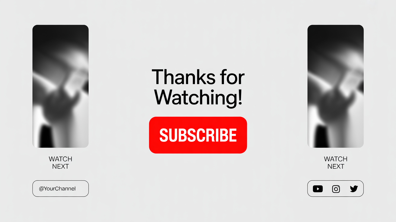 A modern video end screen template mockup on a white background, featuring 'Thanks for Watching!' text, a 'Subscribe' button, and placeholders for next videos and social media links.