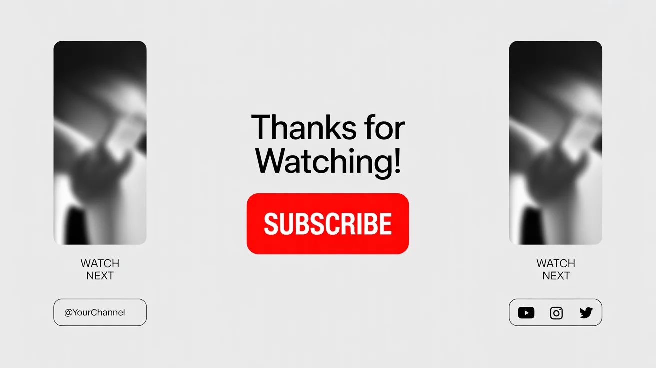 A modern video end screen template mockup on a white background, featuring 'Thanks for Watching!' text, a 'Subscribe' button, and placeholders for next videos and social media links.
