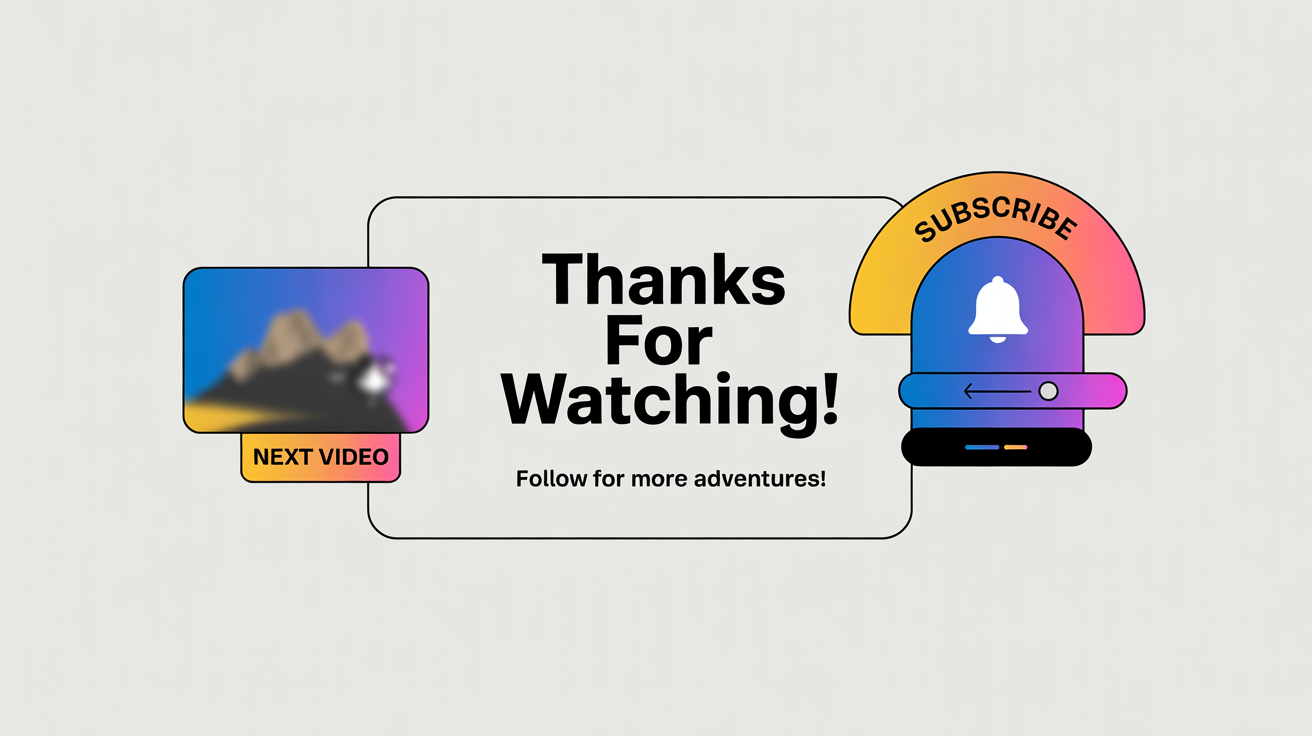 A modern graphic design mockup of a video end screen animation, featuring vibrant geometric shapes, a 'Thanks for Watching!' message, and placeholders for 'Next Video' and a 'Subscribe' button, all on a white background.