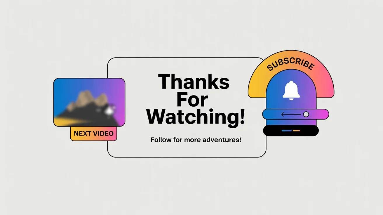 A modern graphic design mockup of a video end screen animation, featuring vibrant geometric shapes, a 'Thanks for Watching!' message, and placeholders for 'Next Video' and a 'Subscribe' button, all on a white background.