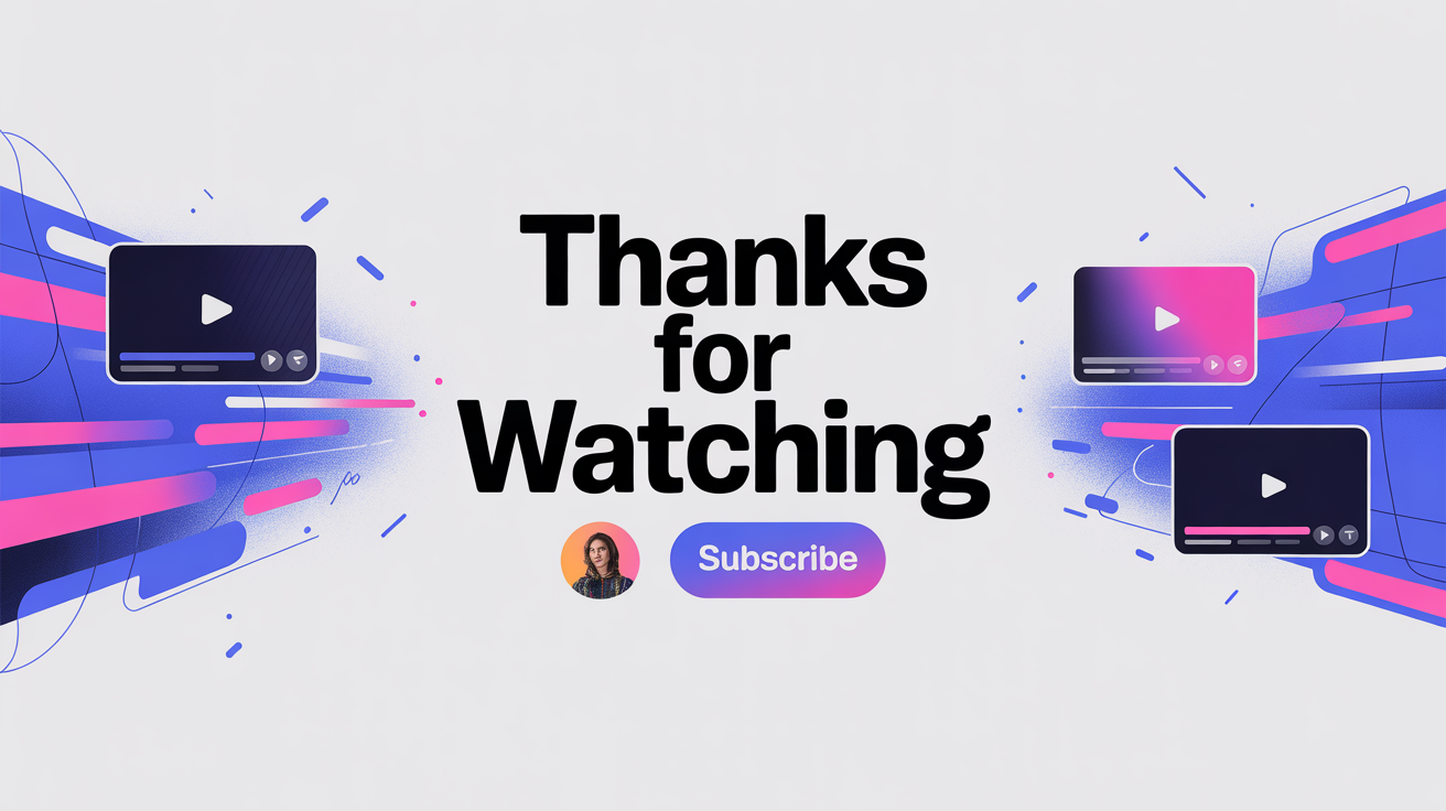 A mockup of a modern YouTube end screen animation. It includes placeholders for videos, a subscribe button, and text that says 'Thanks for watching' on a white background.