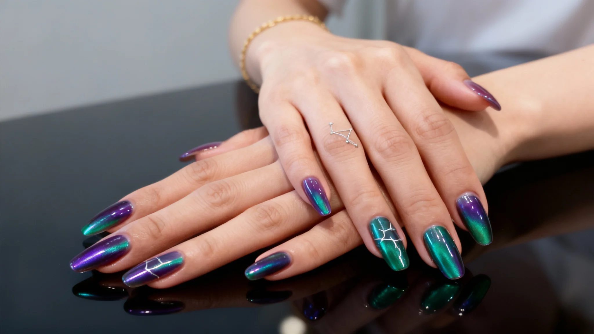 A photorealistic hero image mockup showcasing a stunning, digitally applied iridescent chrome gel nail design on a pair of elegant hands, representing the final output of a nail design tool.