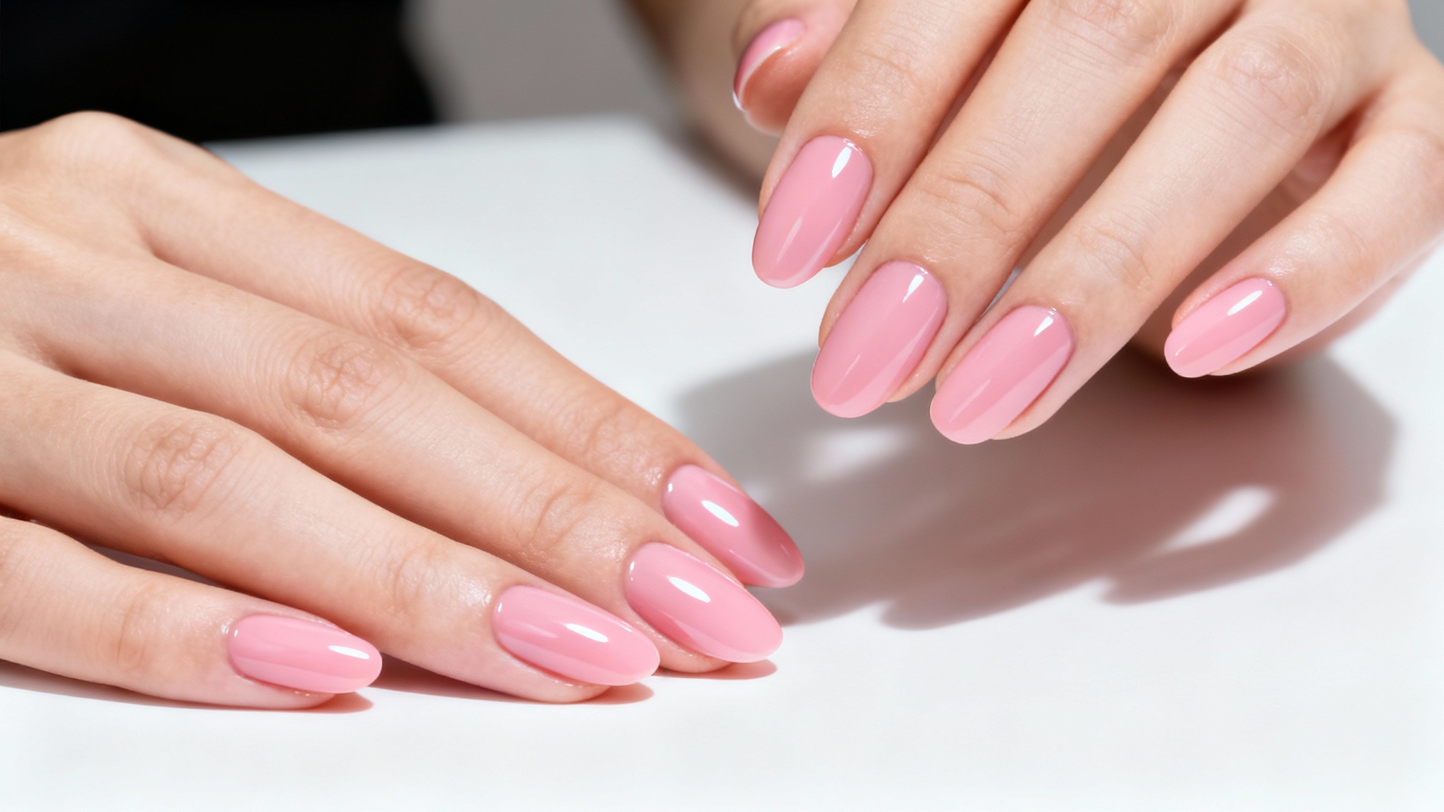 A close-up, minimalist photo of a woman's hands with a perfect, glossy pink gel manicure, set against a clean white background.