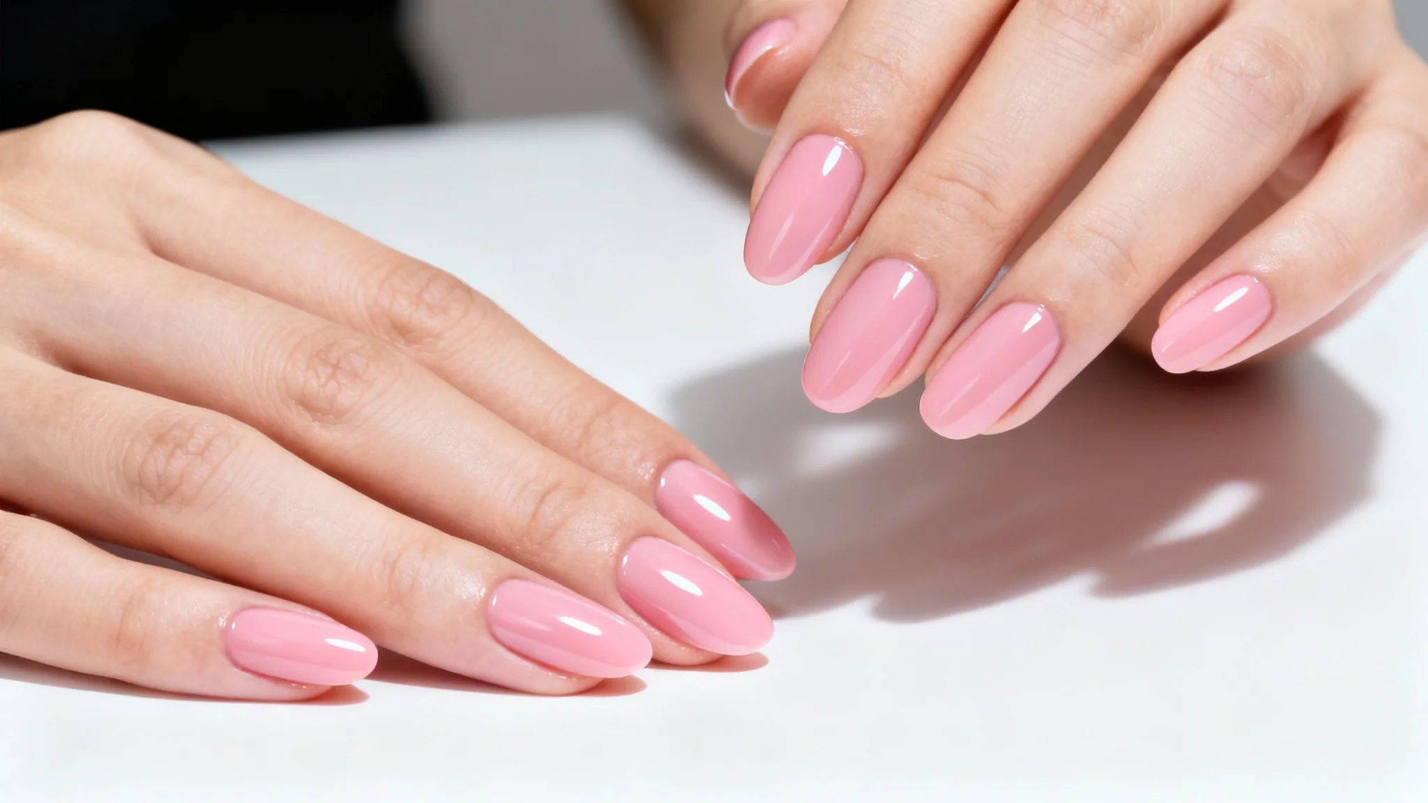 A close-up, minimalist photo of a woman's hands with a perfect, glossy pink gel manicure, set against a clean white background.