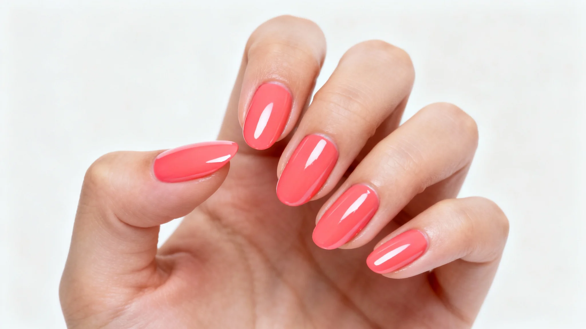 A close-up, photorealistic mockup of a hand with flawless, glossy pink almond-shaped gel nails against a plain white background, highlighting the quality of the manicure.