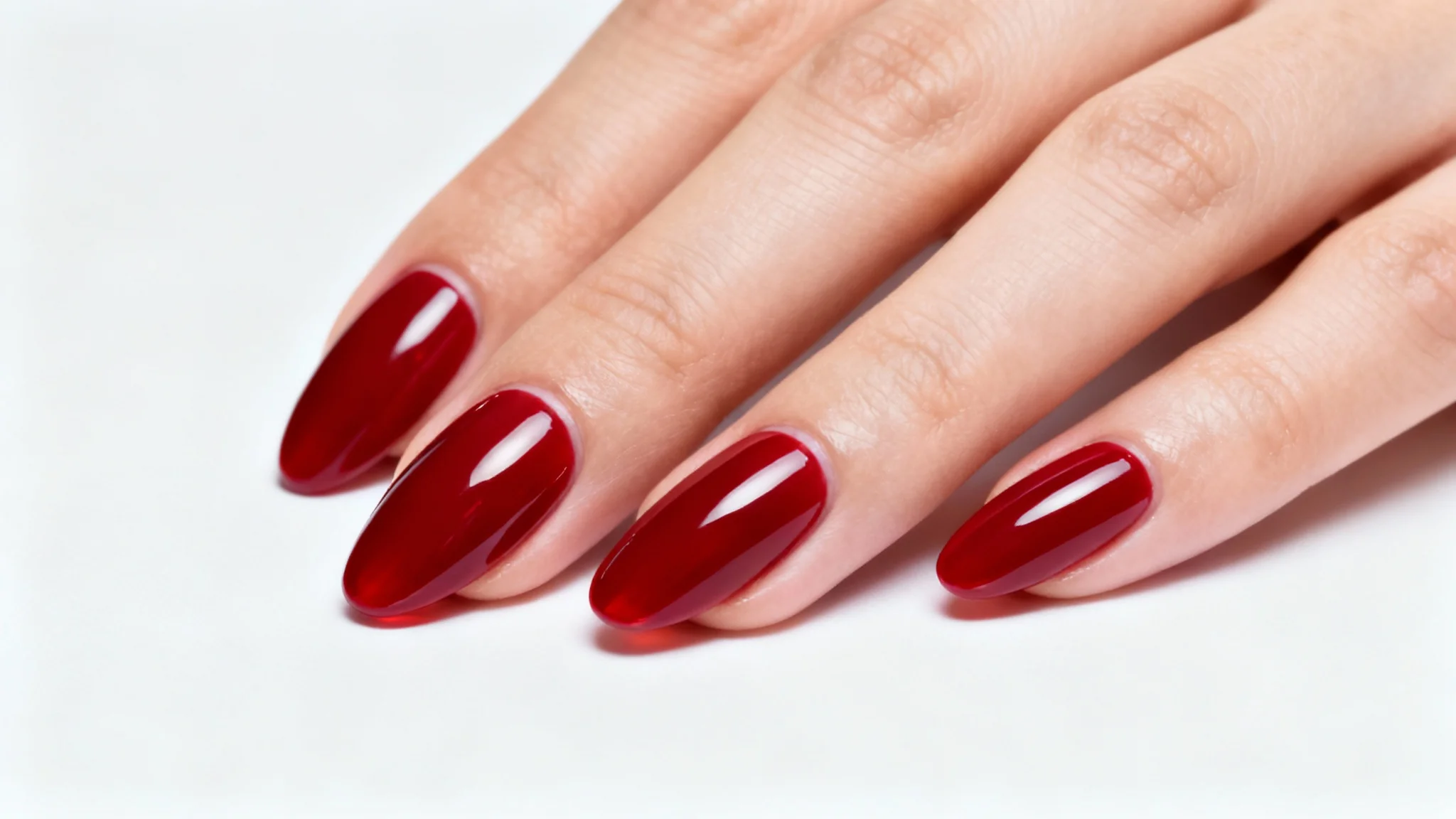 A close-up photo of a woman's hand with flawless, shiny red almond-shaped gel nails, presented against a clean white background in a professional mockup style.