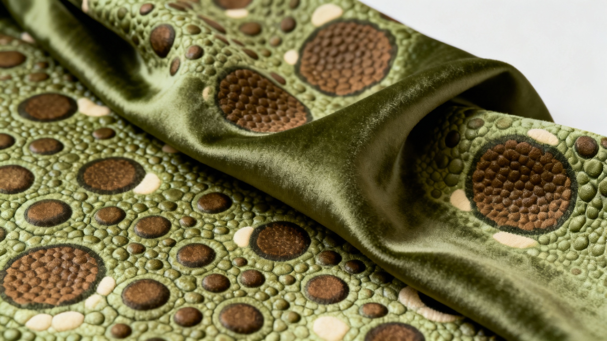 A seamless, repeating designer pattern inspired by the bumpy texture and earthy colors of toad skin, displayed on a luxurious piece of draped fabric in a studio setting.