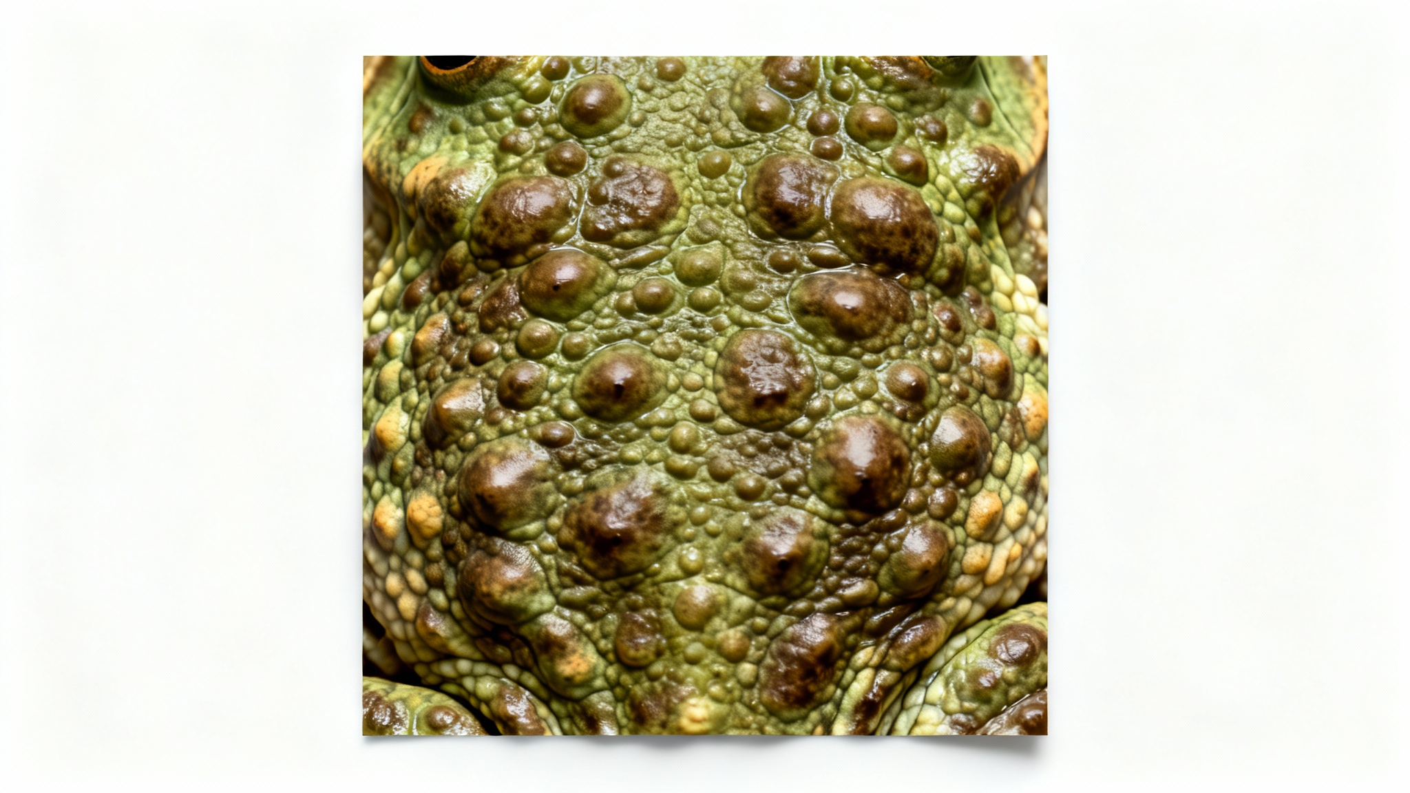 A highly detailed, macro photograph of a toad skin pattern, showcasing its bumpy, warty texture in shades of olive green and brown, presented as a swatch on a plain white background.
