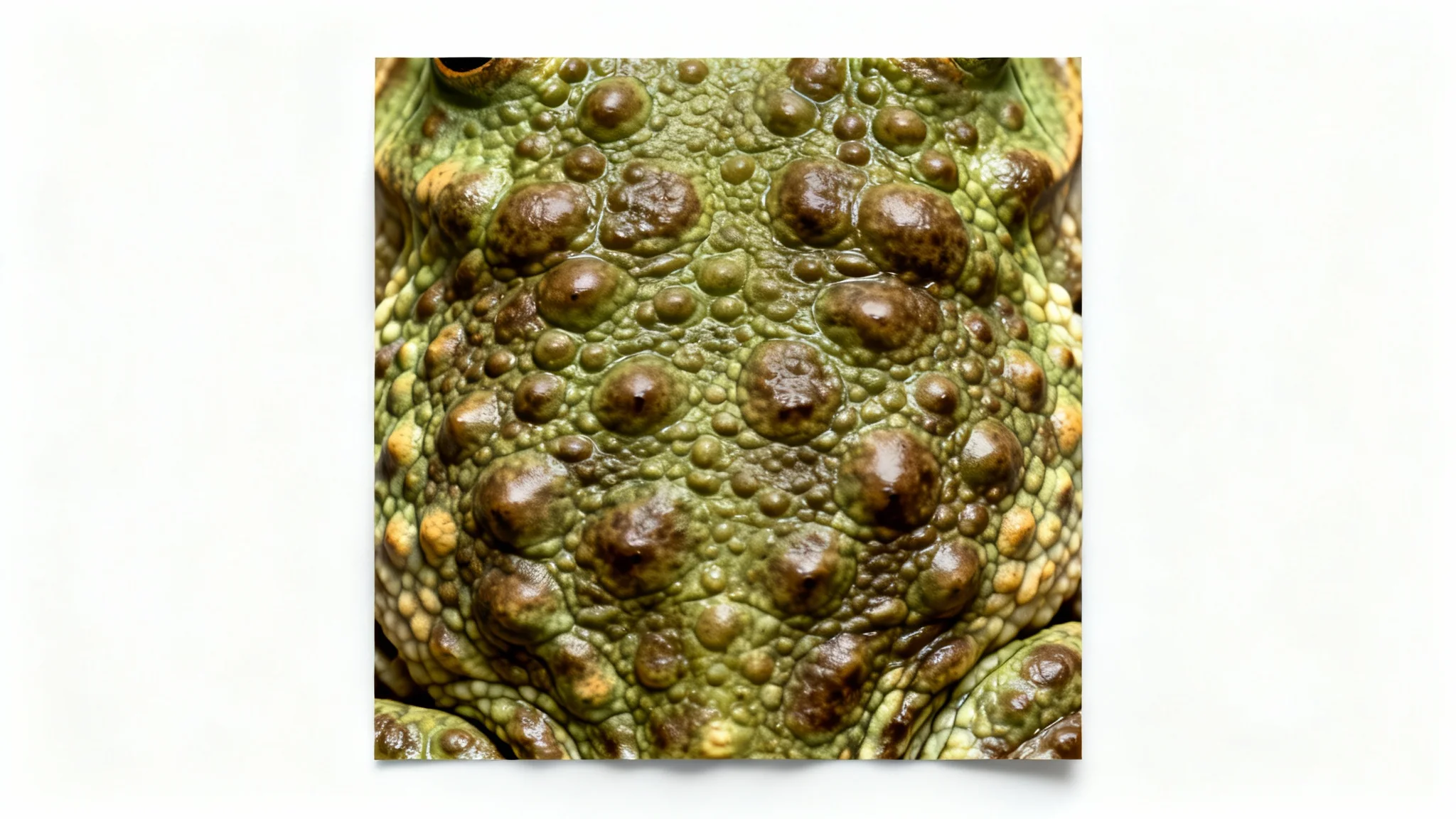 A highly detailed, macro photograph of a toad skin pattern, showcasing its bumpy, warty texture in shades of olive green and brown, presented as a swatch on a plain white background.
