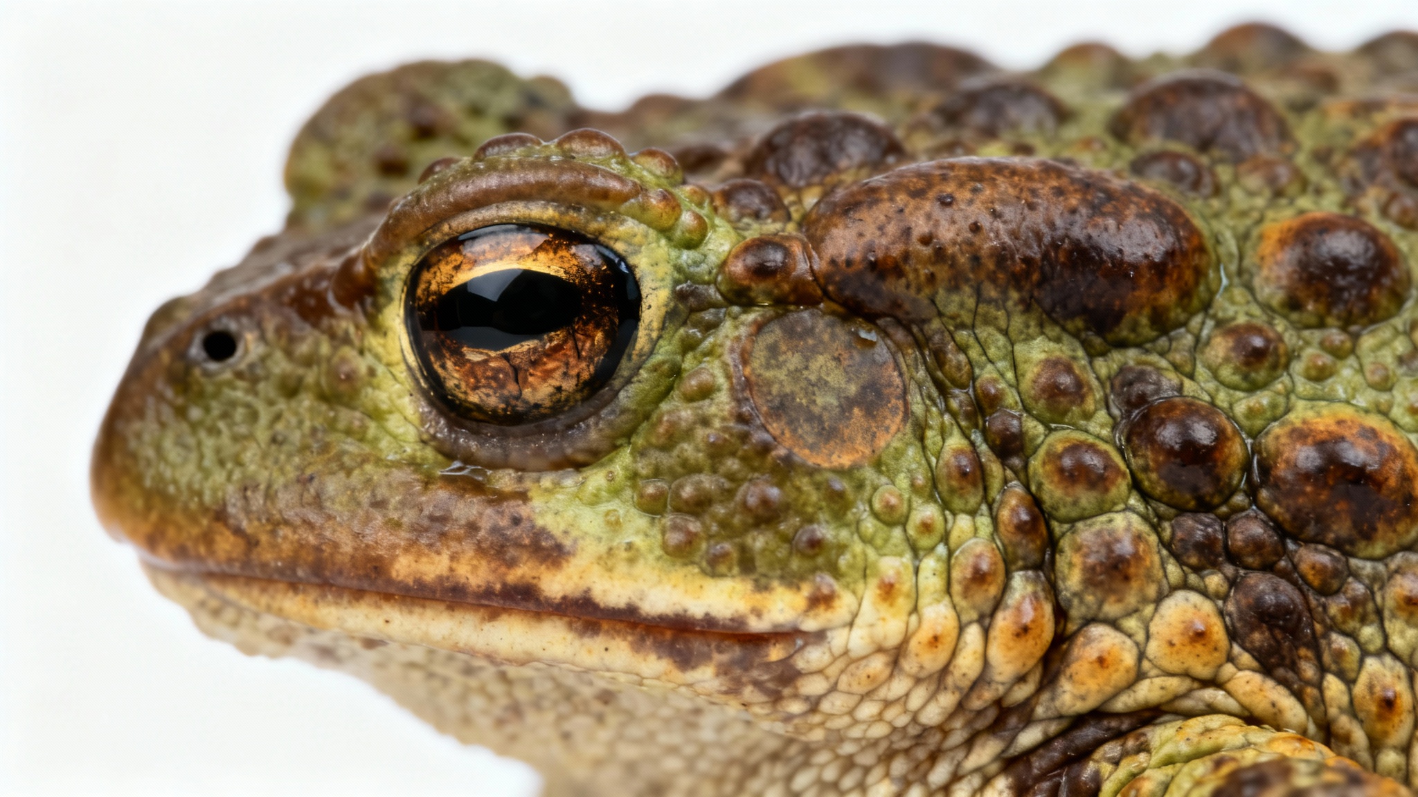 A detailed macro photograph displaying the bumpy and warty texture of toad skin in earthy green and brown tones, set against a plain white background.