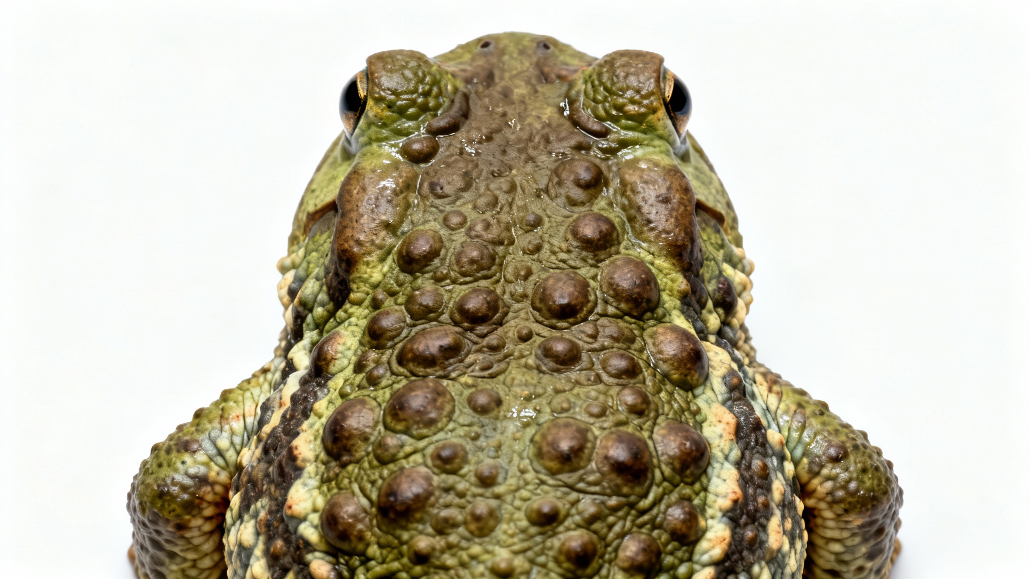 A photorealistic, seamless pattern of toad skin, featuring a bumpy, warty texture in earthy green and brown tones, set against a plain white background.