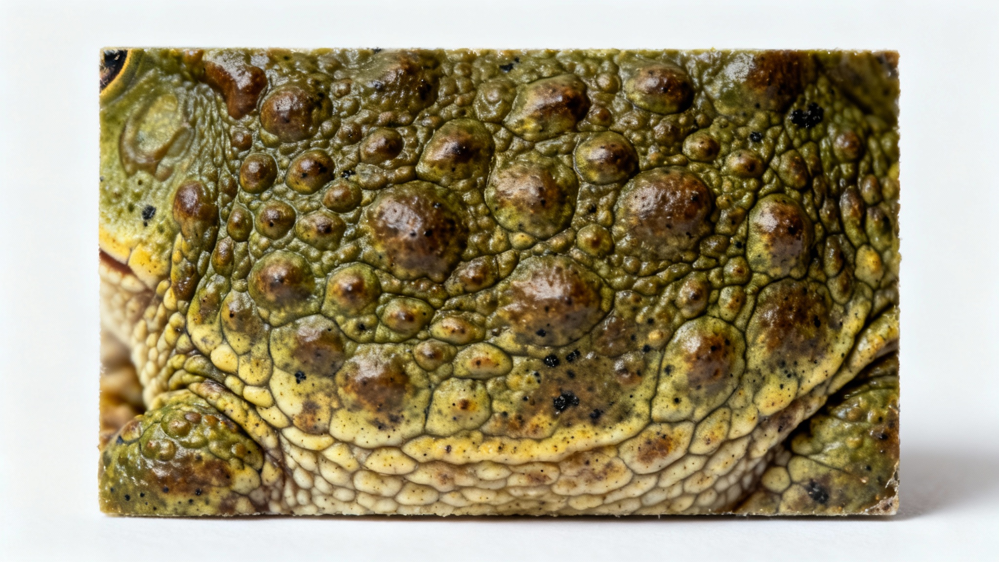 A detailed, macro photograph of a toad skin texture swatch, highlighting its bumpy, warty surface in shades of olive green and brown, isolated against a clean white background.