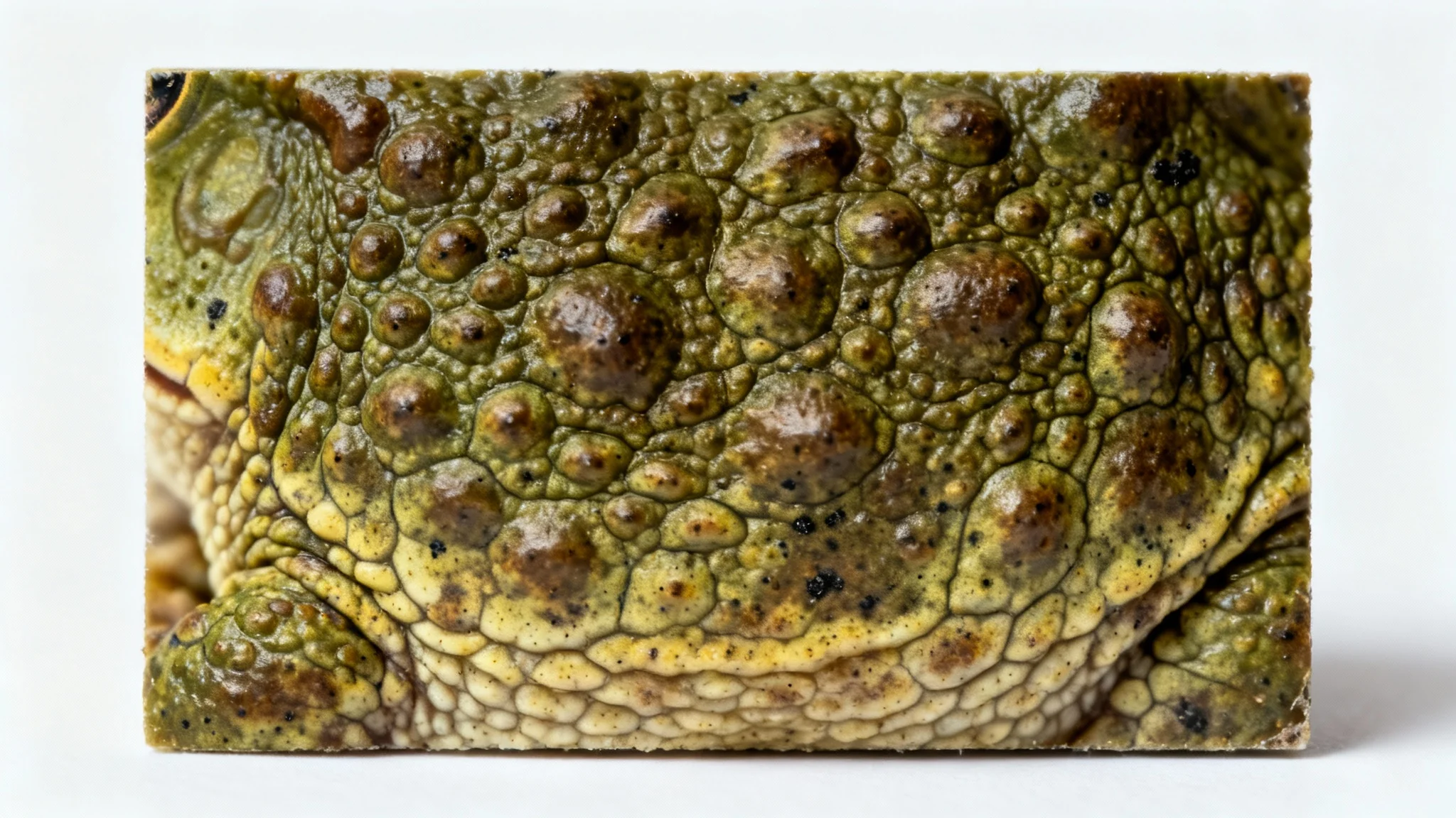 A detailed, macro photograph of a toad skin texture swatch, highlighting its bumpy, warty surface in shades of olive green and brown, isolated against a clean white background.