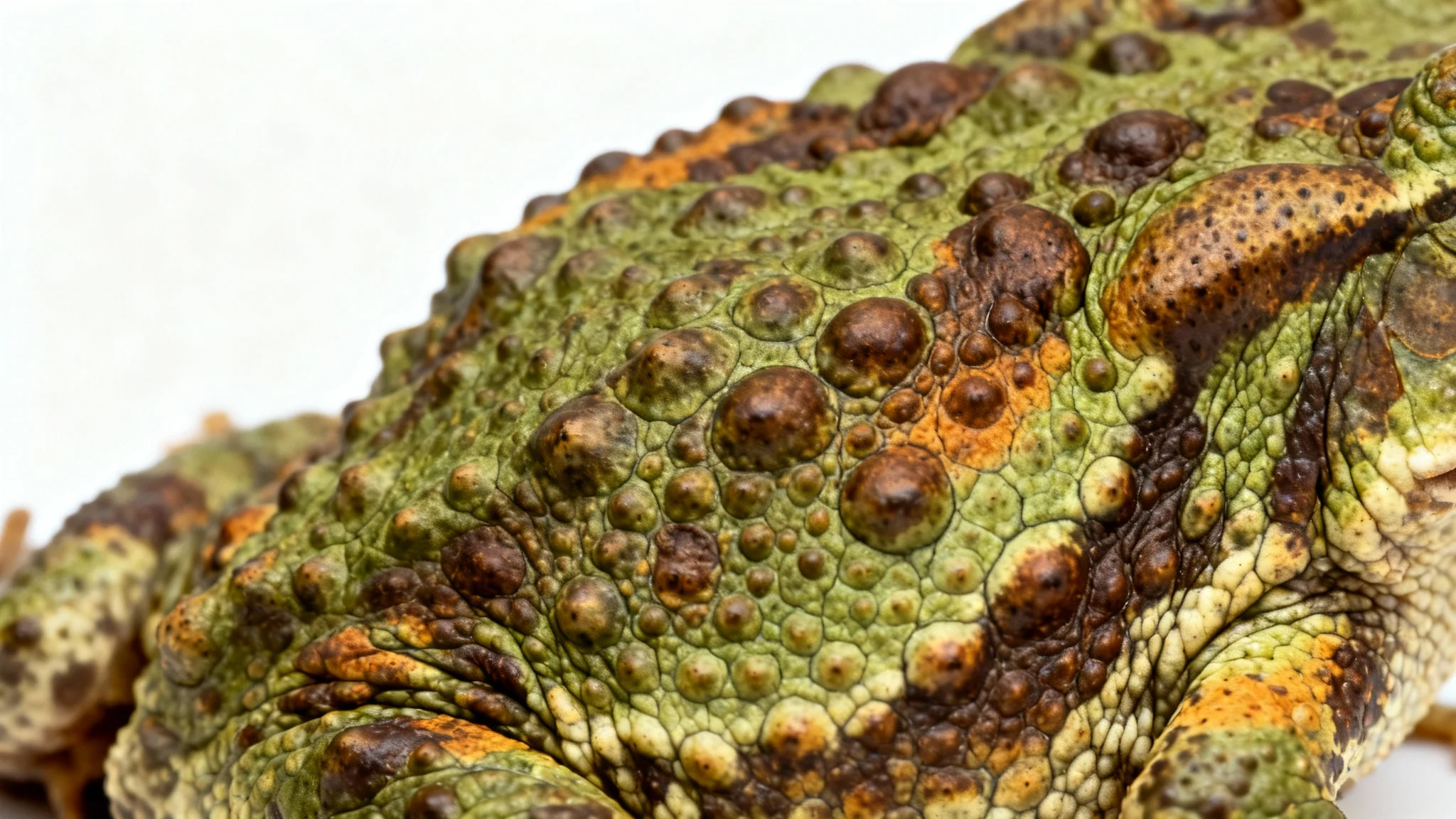 A detailed, photorealistic macro image of a toad skin pattern, featuring its bumpy, warty texture in shades of green and brown, isolated on a white background.