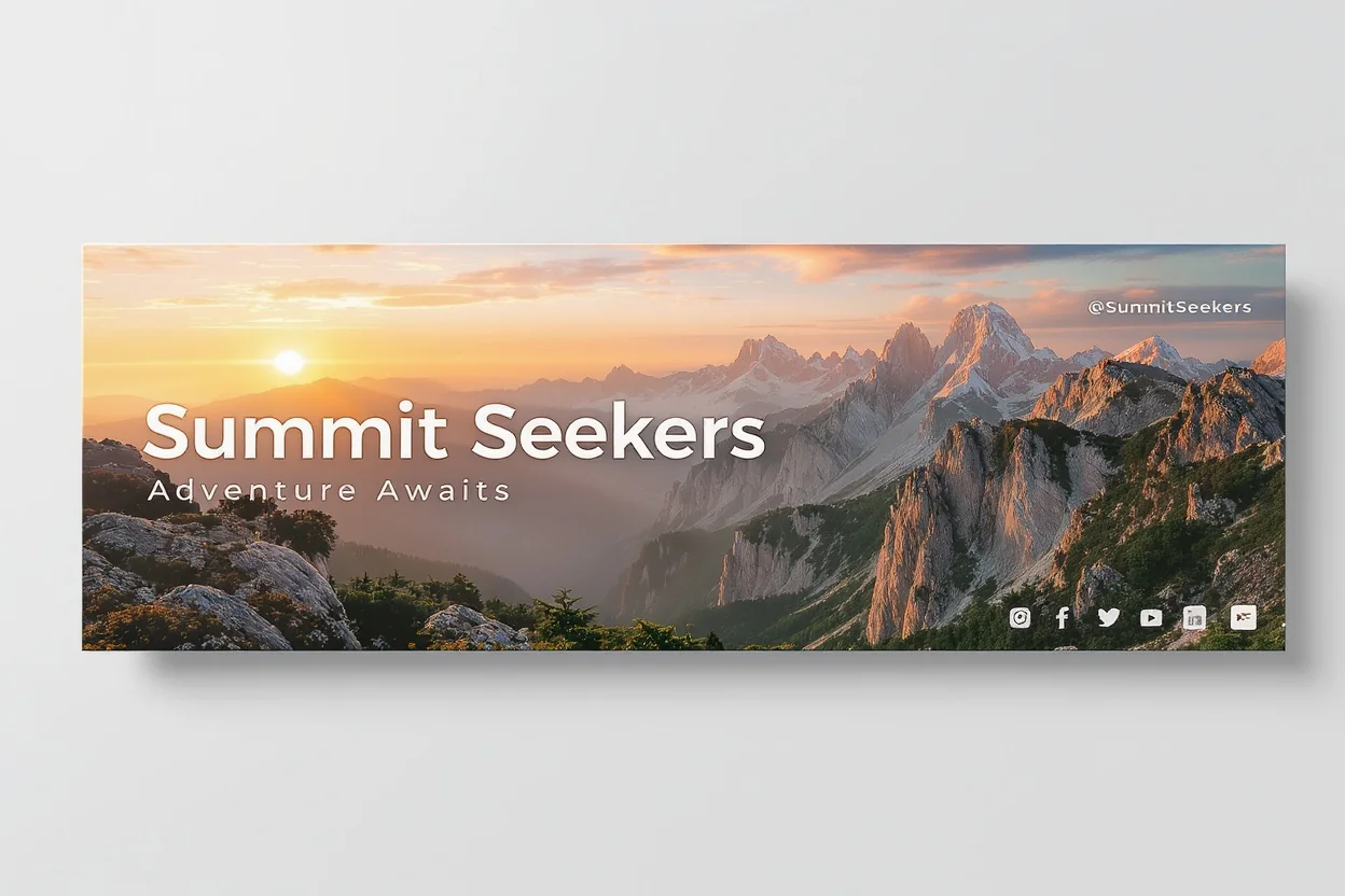 A mockup of a professional YouTube channel banner for a travel vlogger, showing a mountain landscape at sunrise with the channel name 'Summit Seekers' and social media handles, all on a clean white background.