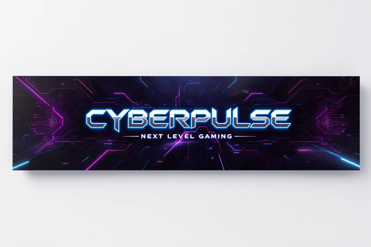 A mockup of a professional YouTube banner for a gaming channel named 'CYBERPULSE', featuring a futuristic dark theme with glowing cyan and magenta text and geometric patterns, presented against a plain white background.