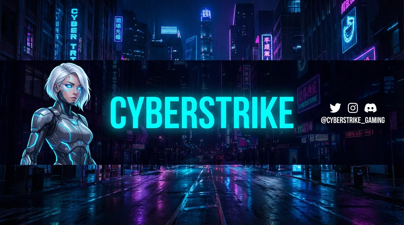 A gaming YouTube channel banner for the channel 'CYBERSTRIKE', featuring a futuristic cityscape background, a sci-fi character illustration, and social media handles.