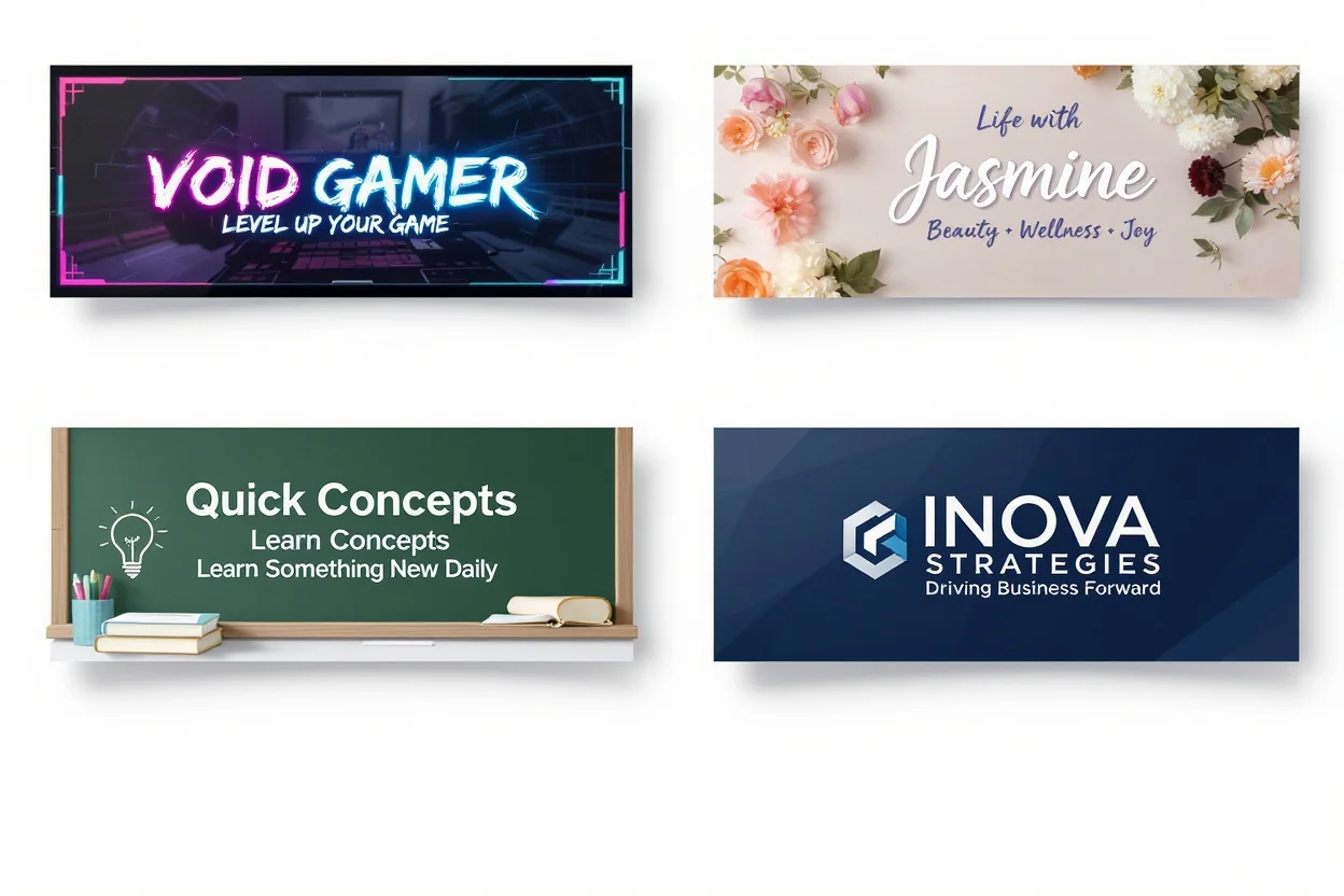 A showcase of four professionally designed YouTube channel banner templates, arranged in a grid. The banners represent diverse themes: a neon-lit gaming channel, a soft pastel lifestyle vlog, a minimalist educational channel, and a sleek corporate business channel.