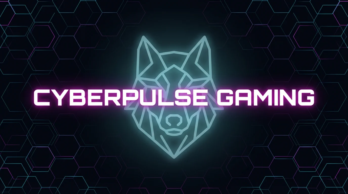 A YouTube channel banner for 'CYBERPULSE GAMING'. The text is in a white futuristic font with a magenta glow, set against a dark background with a glowing cyan and magenta hexagonal pattern and a geometric wolf icon.