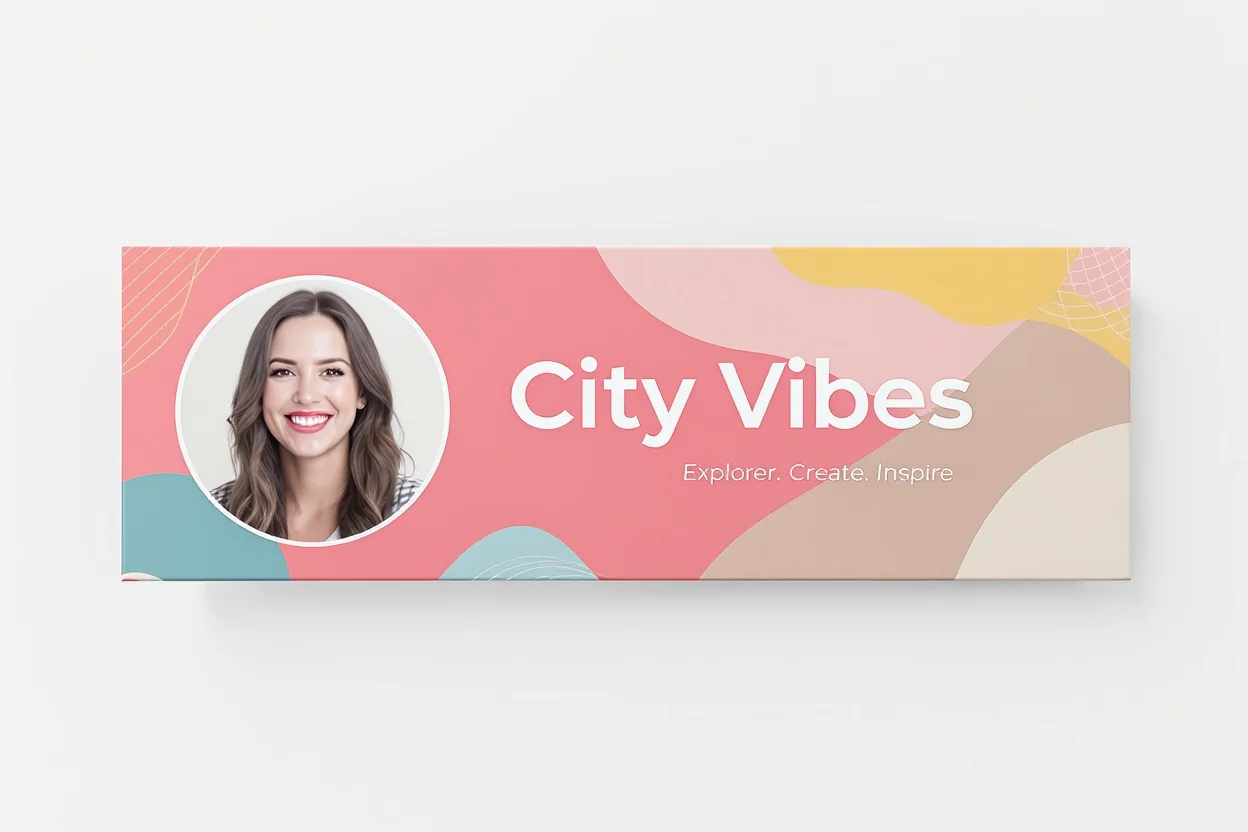 A mockup of a professionally designed YouTube channel banner for a lifestyle vlogger named 'City Vibes', featuring a photo and abstract shapes against a white background.