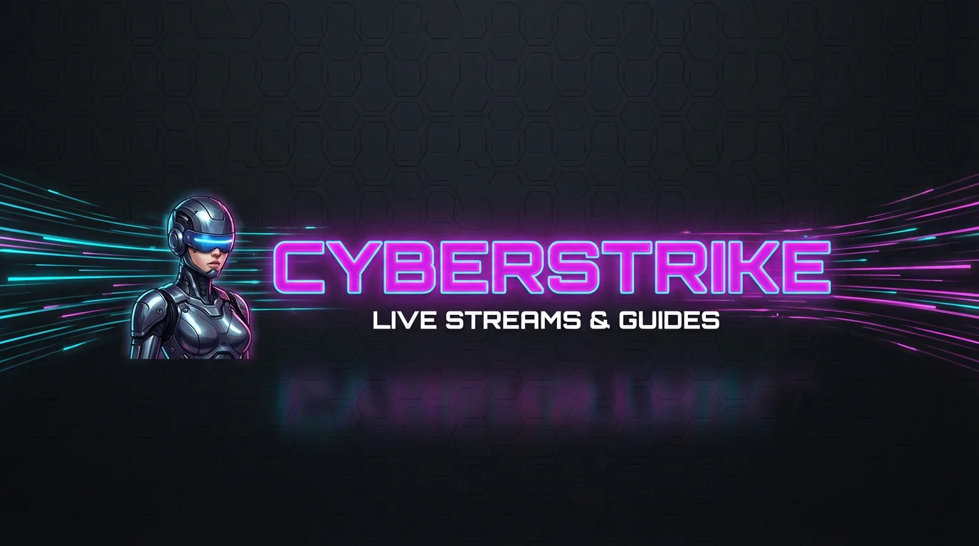 A futuristic digital banner for a gaming channel with the text 'CYBERSTRIKE' in glowing neon letters, next to an illustration of a cyborg. The background is dark with hexagonal patterns and light streaks.