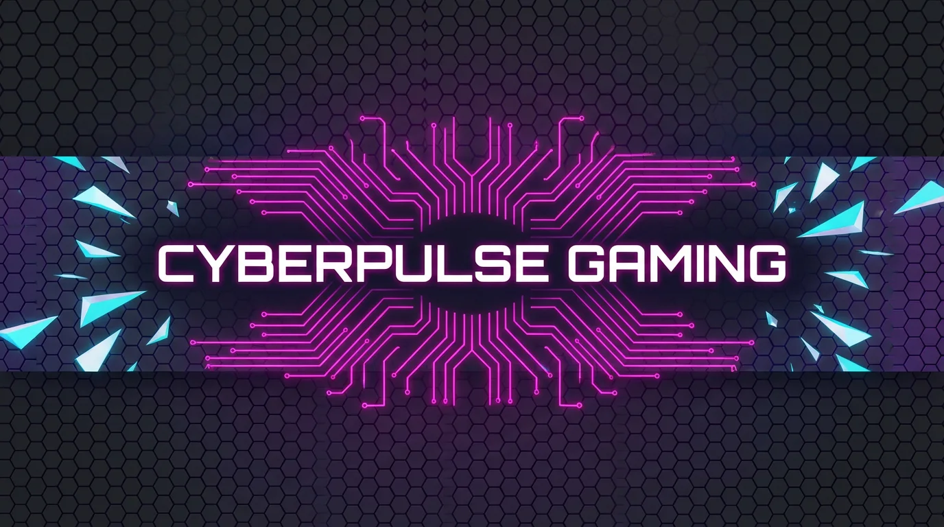 A futuristic YouTube channel banner for 'CYBERPULSE GAMING' with a dark hexagonal background and glowing pink and blue neon graphics.