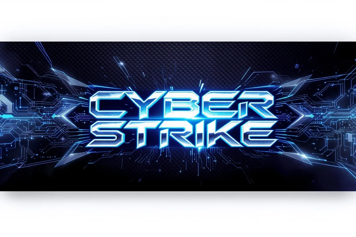A sleek, futuristic YouTube banner mockup for a gaming channel named 'CYBER STRIKE'. The banner has a dark carbon fiber background with glowing blue circuit patterns and features the channel name in a metallic, chrome font, all displayed against a clean white background.