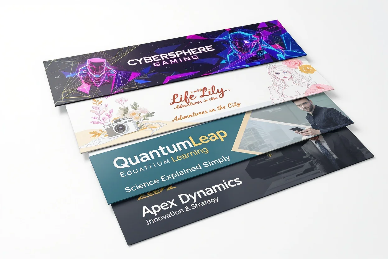 A showcase of four professionally designed YouTube channel banners for various creators, including a gamer, a vlogger, an educator, and a business, arranged on a white background.