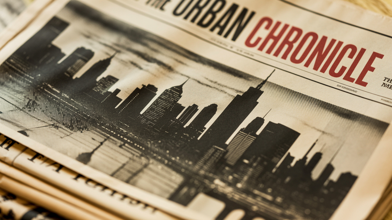 A dramatic black and white city skyline at dusk, rendered with a vintage newsprint halftone texture. Bold red text reads 'THE URBAN CHRONICLE' over the image, creating the look of a stylish newspaper feature.