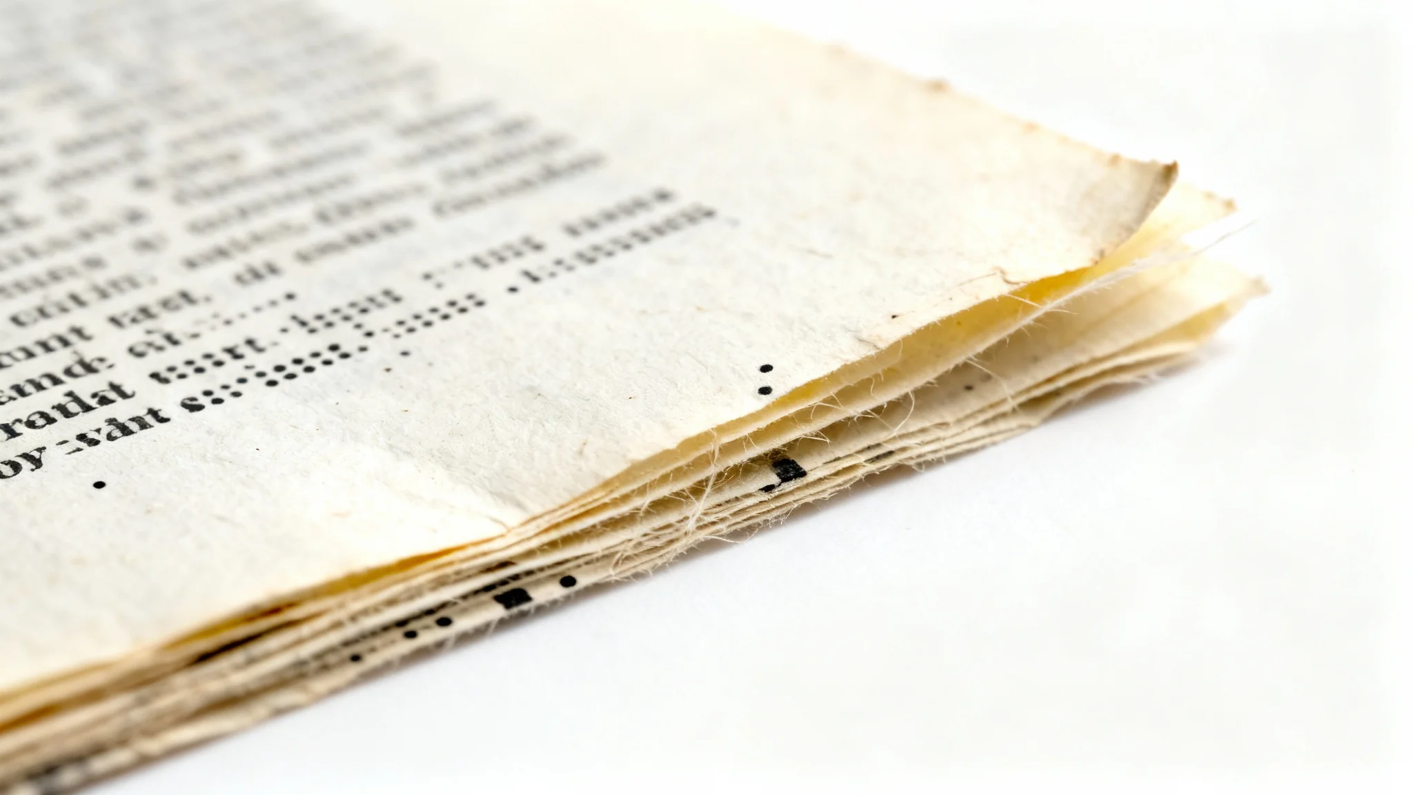 A detailed macro image displaying the texture of old newsprint paper, highlighting the paper fibers and halftone ink dots on a yellowish surface.