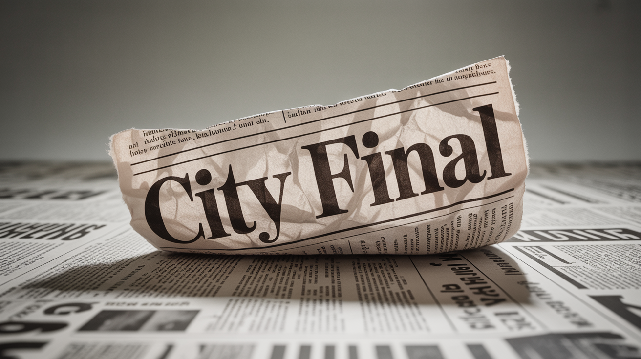 A close-up, high-detail photograph of a vintage newspaper sheet, showcasing the newsprint texture with visible halftone dots and a partial headline that reads 'CITY FINAL'.