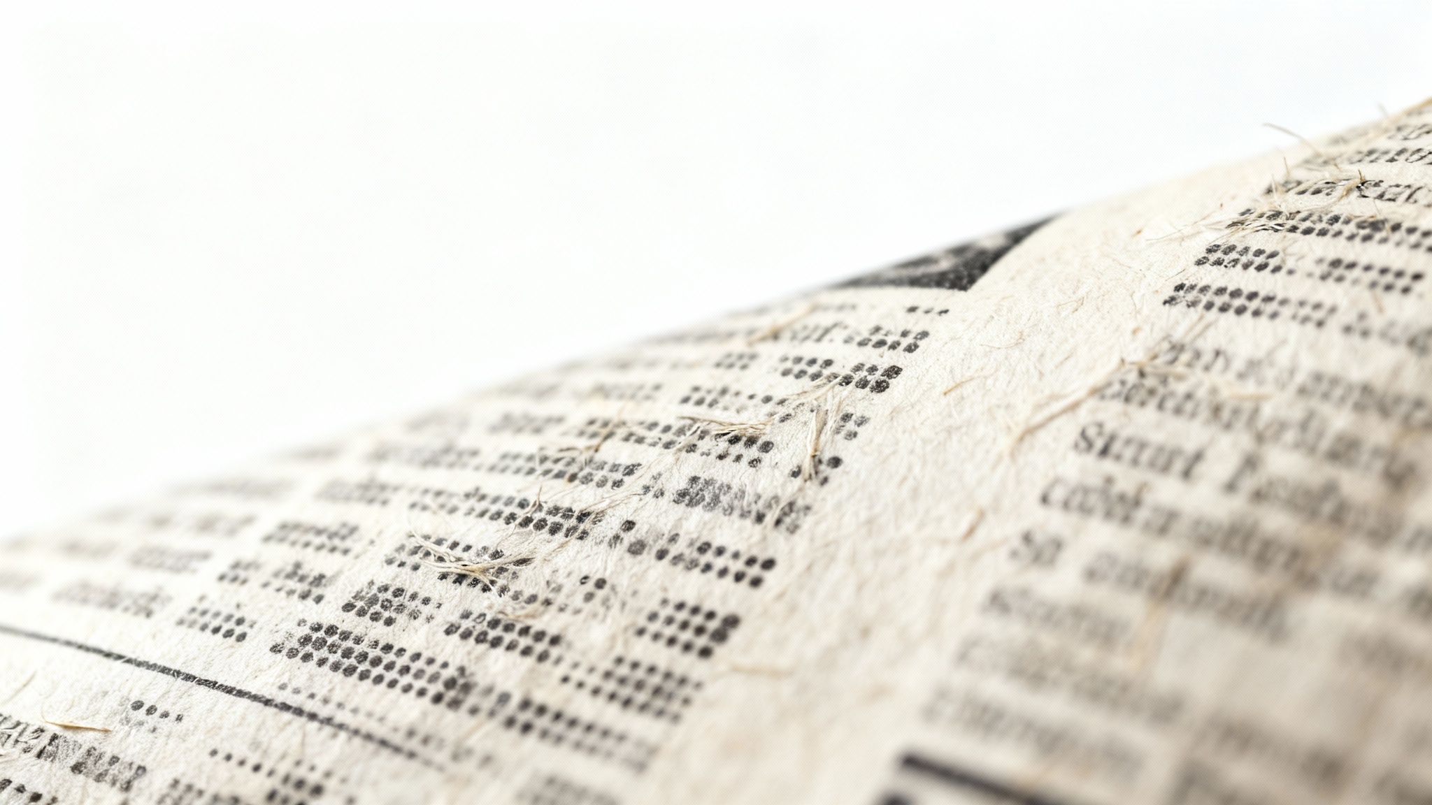 A detailed, macro shot of a newspaper's surface, highlighting the classic newsprint texture with visible paper fibers and halftone dots against a white background.