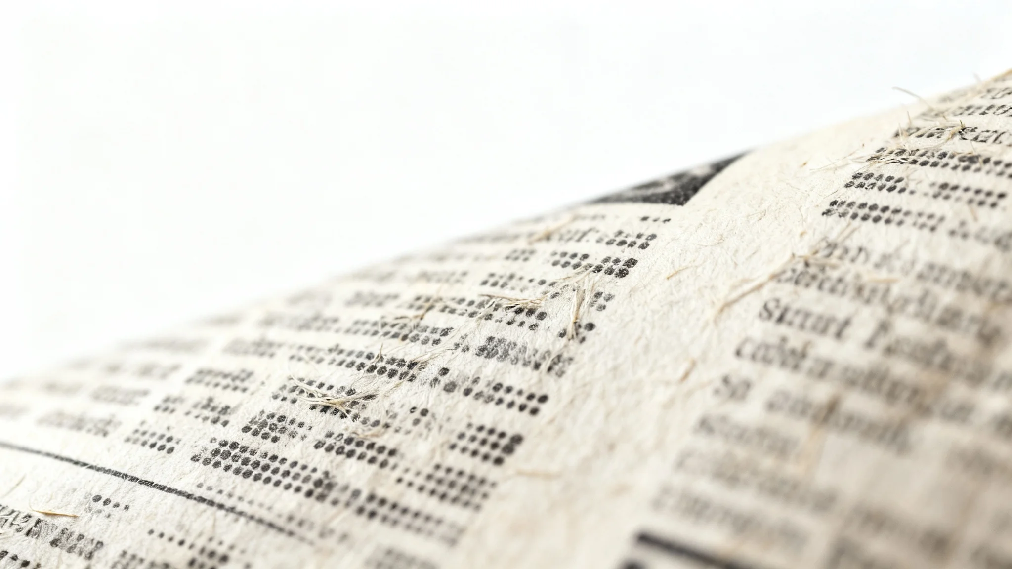 A detailed, macro shot of a newspaper's surface, highlighting the classic newsprint texture with visible paper fibers and halftone dots against a white background.