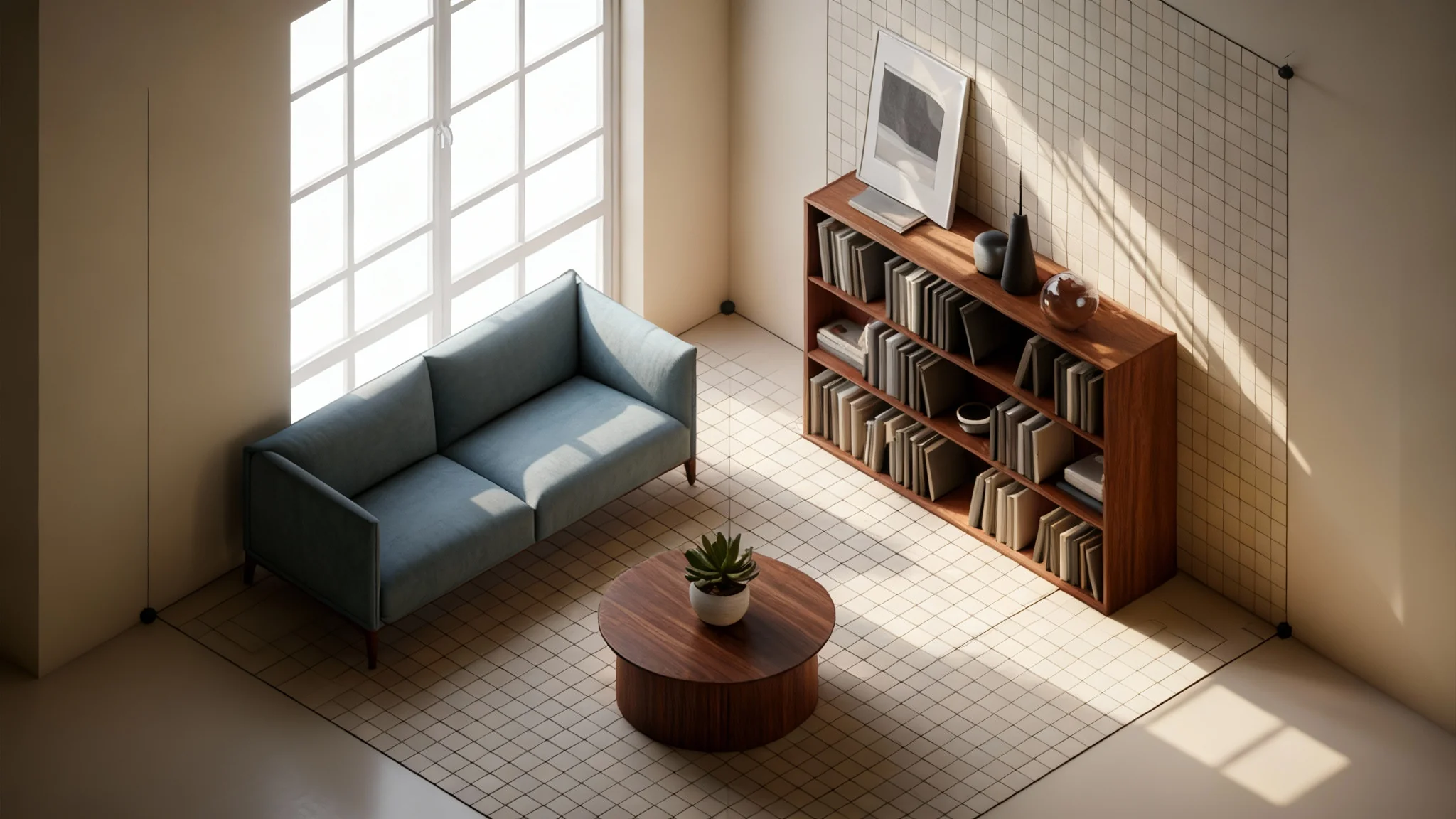 A professionally rendered digital illustration of a modern living room shown from a corner, demonstrating perfect artistic perspective with clean lines and realistic lighting.