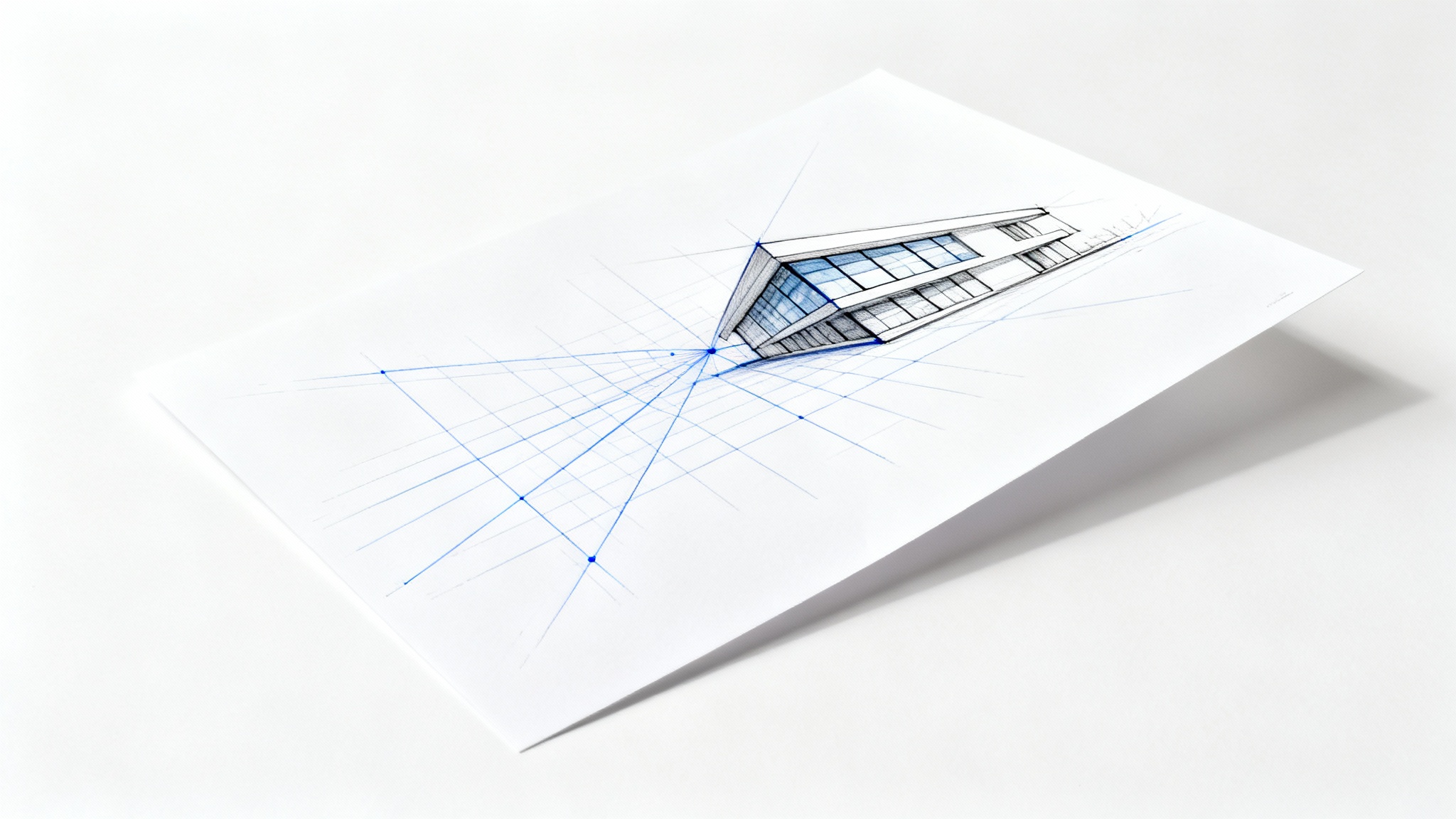 A technical architectural drawing of a modern building, demonstrating a three-point perspective with visible blue grid lines converging to vanishing points, all set against a clean white background.