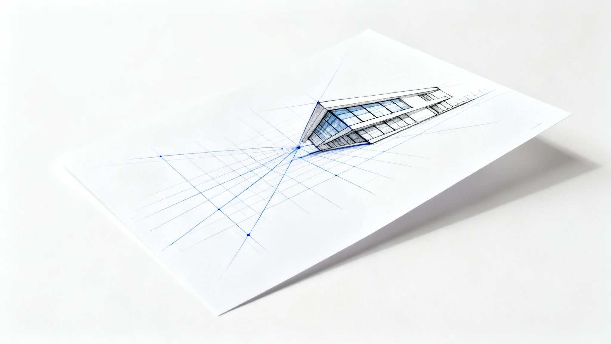 A technical architectural drawing of a modern building, demonstrating a three-point perspective with visible blue grid lines converging to vanishing points, all set against a clean white background.