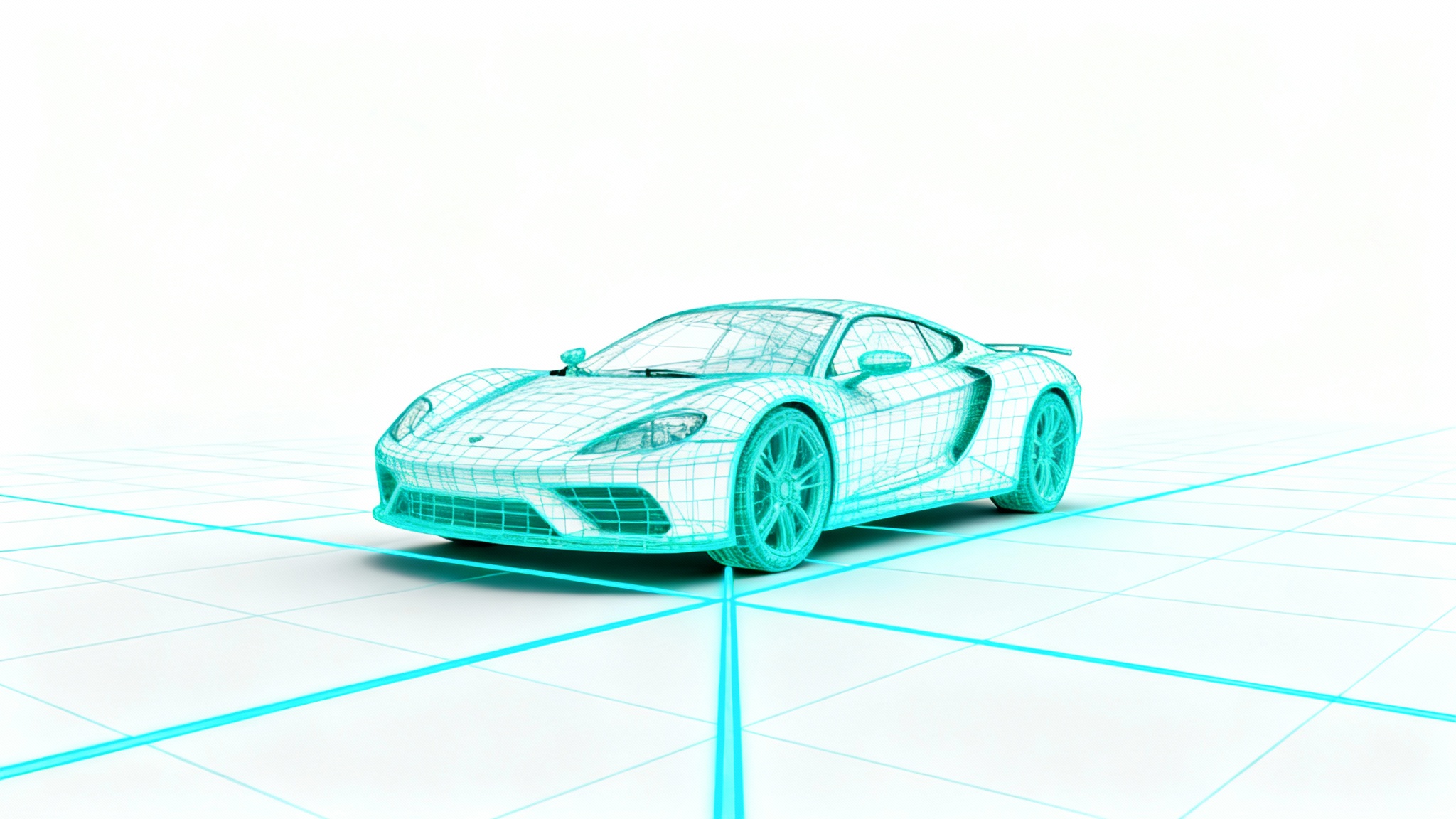 A wireframe sketch of a modern sports car perfectly aligned on a glowing blue perspective grid, demonstrating 3D drawing principles on a clean white background.