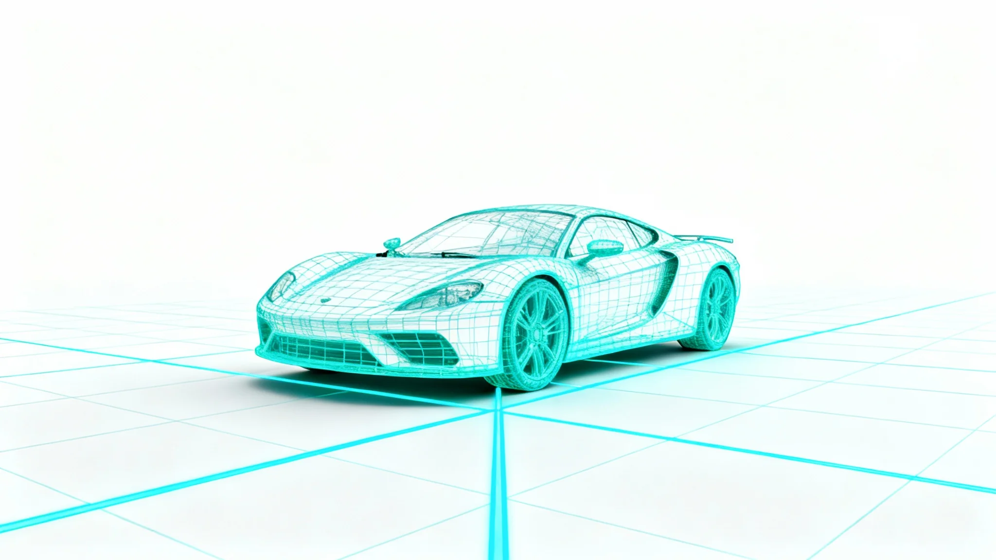 A wireframe sketch of a modern sports car perfectly aligned on a glowing blue perspective grid, demonstrating 3D drawing principles on a clean white background.